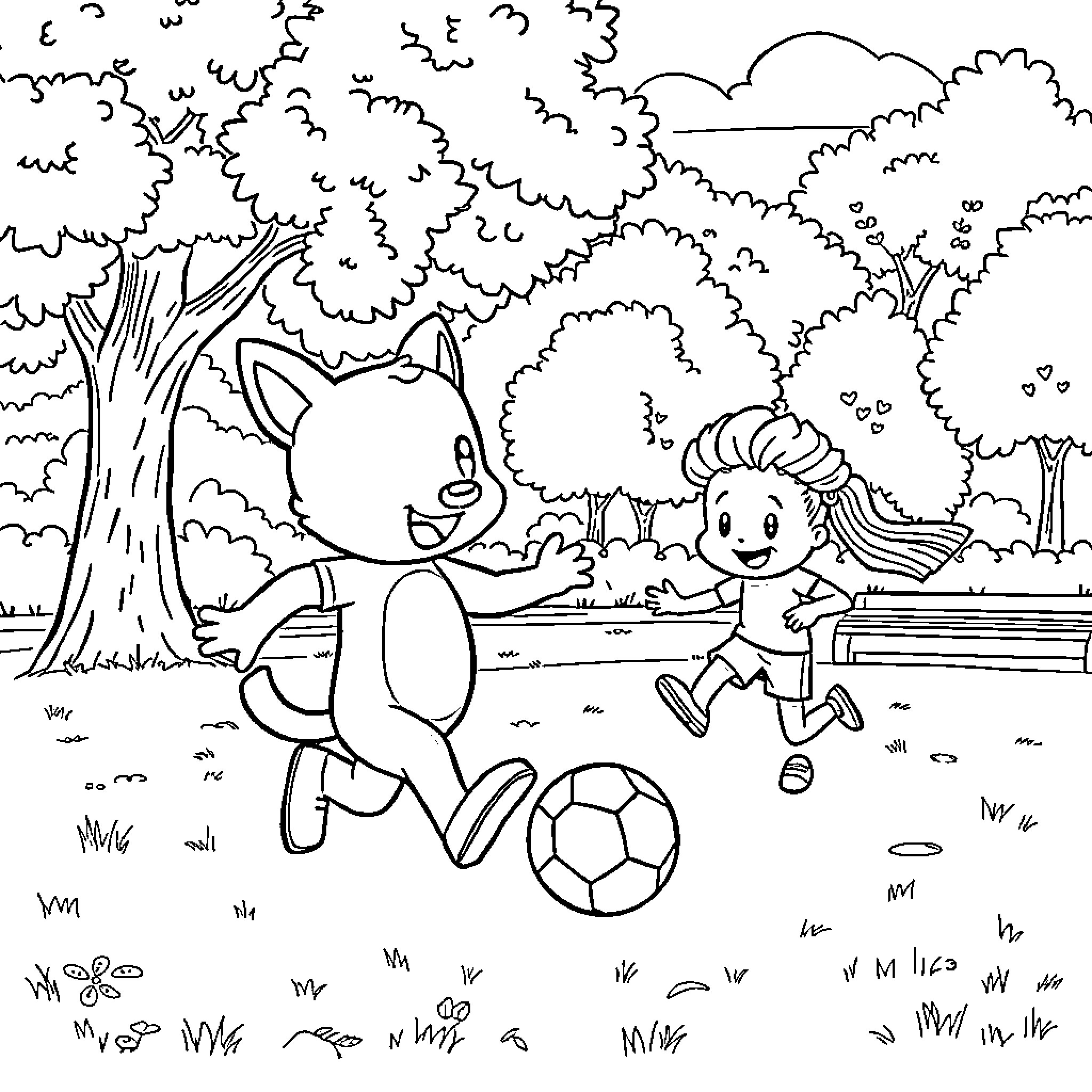 Bluey and friend playing soccer in the park Coloring Page (free black-and-white line drawing printable PDF for all, from beginners to advanced learners, including children, teens, adults, and seniors)