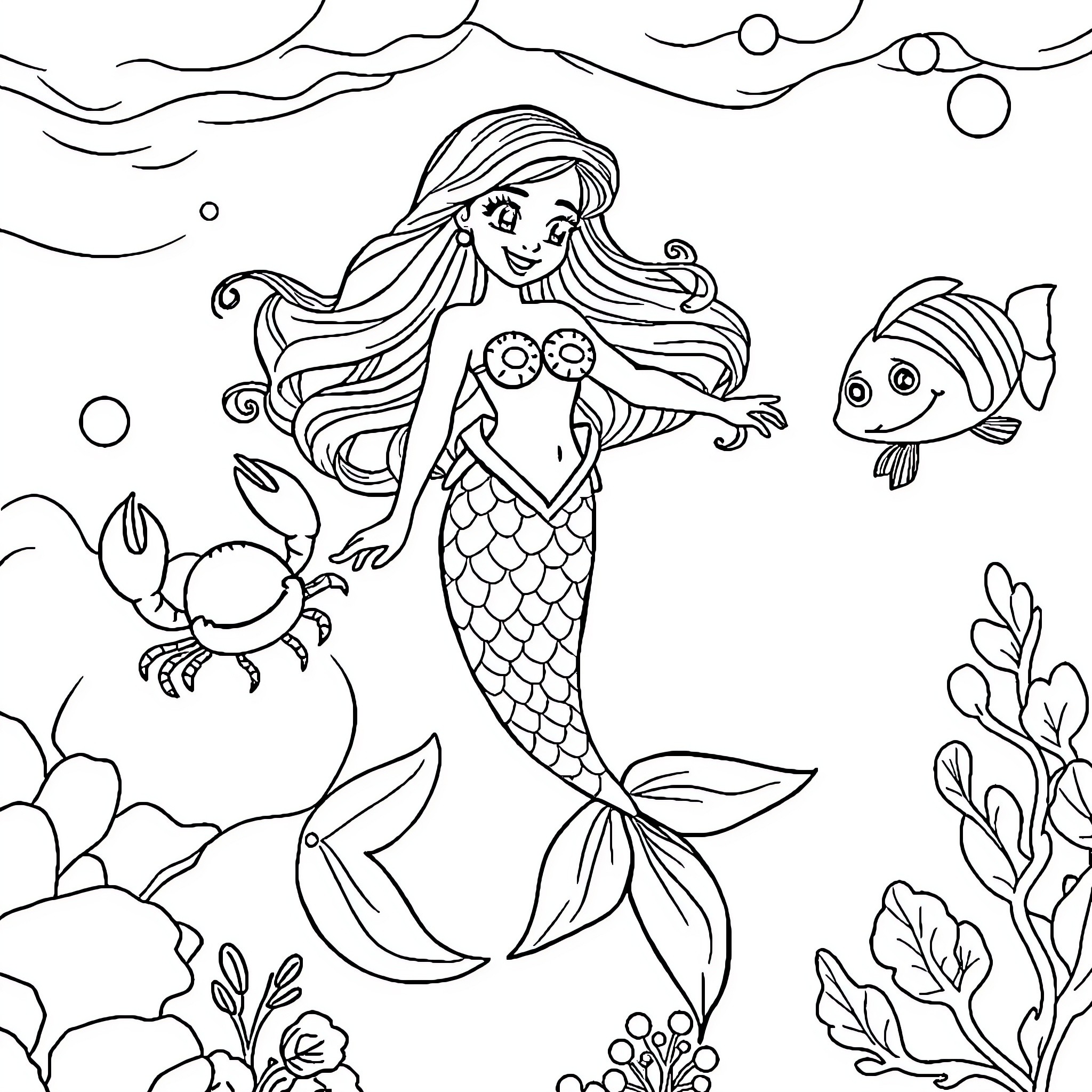 Mermaid swimming gracefully in the underwater world Coloring Page (free black-and-white line drawing printable PDF for all, from beginners to advanced learners, including children, teens, adults, and seniors)