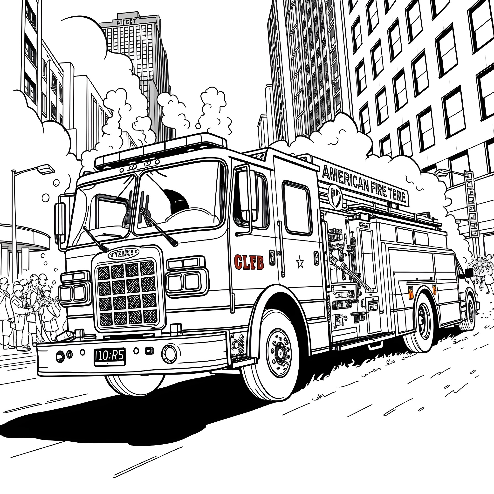 Fire Engine rushing through busy city streets Coloring Page (free black-and-white line drawing printable PDF for all, from beginners to advanced learners, including children, teens, adults, and seniors)