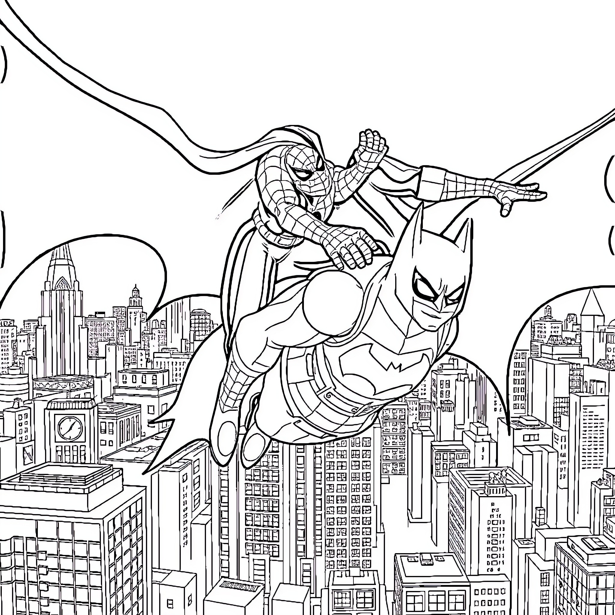 Spiderman swinging over the city with Batman Coloring Page (free black-and-white line drawing printable PDF for all, from beginners to advanced learners, including children, teens, adults, and seniors)
