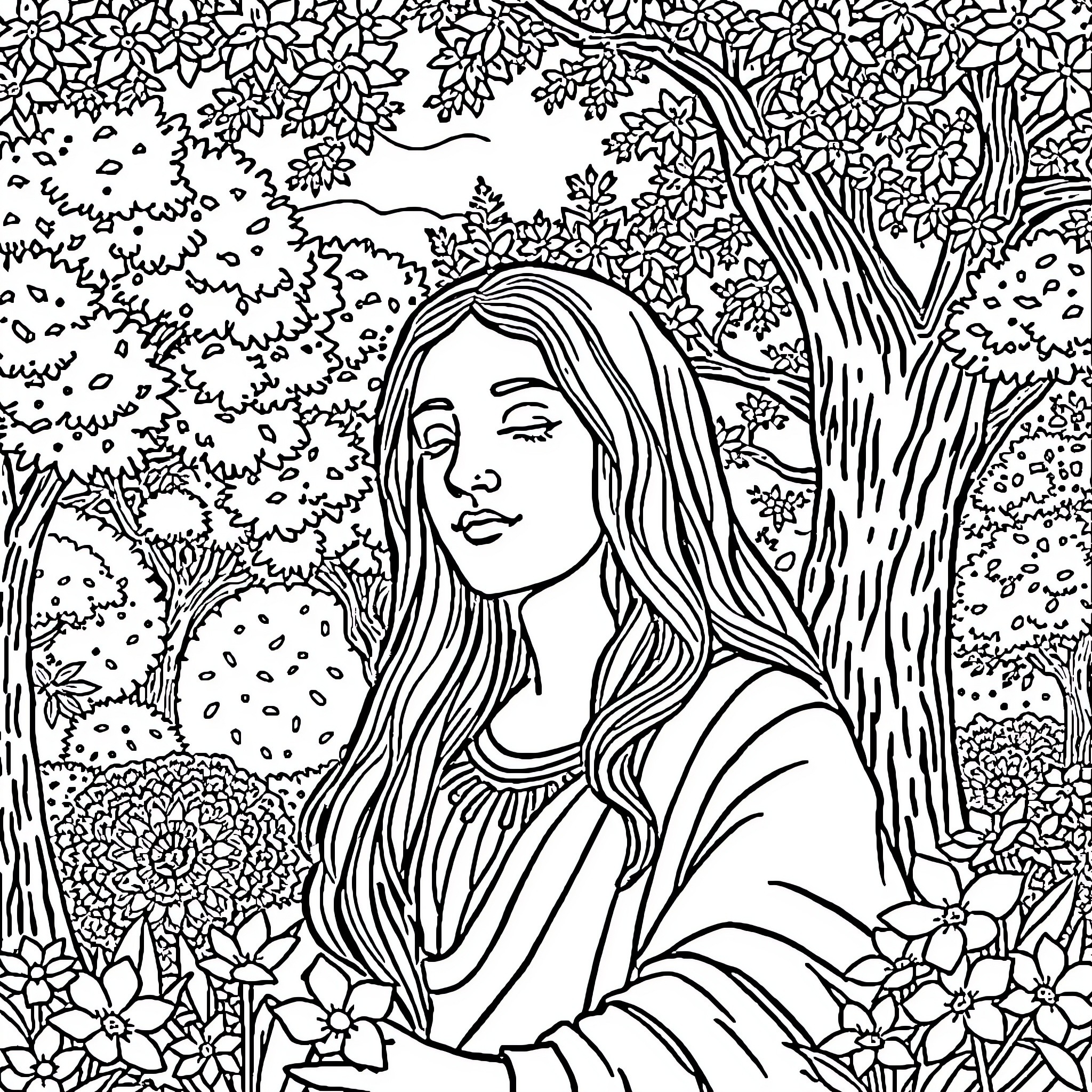 Mona Lisa in a Whimsical Floral Garden Coloring Page (free black-and-white line drawing printable PDF for all, from beginners to advanced learners, including children, teens, adults, and seniors)