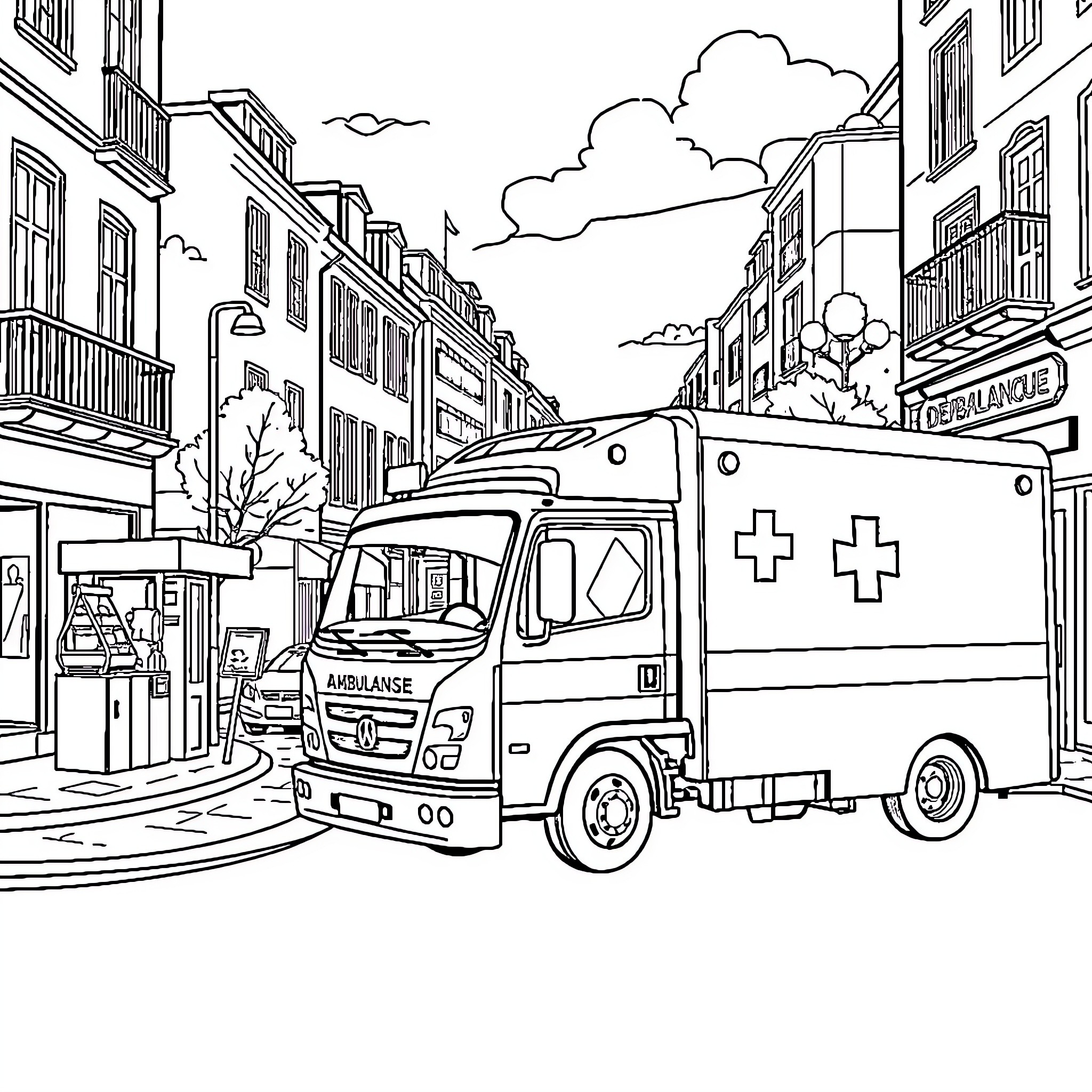 Camion ambulance on a city street Coloring Page (free black-and-white line drawing printable PDF for all, from beginners to advanced learners, including children, teens, adults, and seniors)