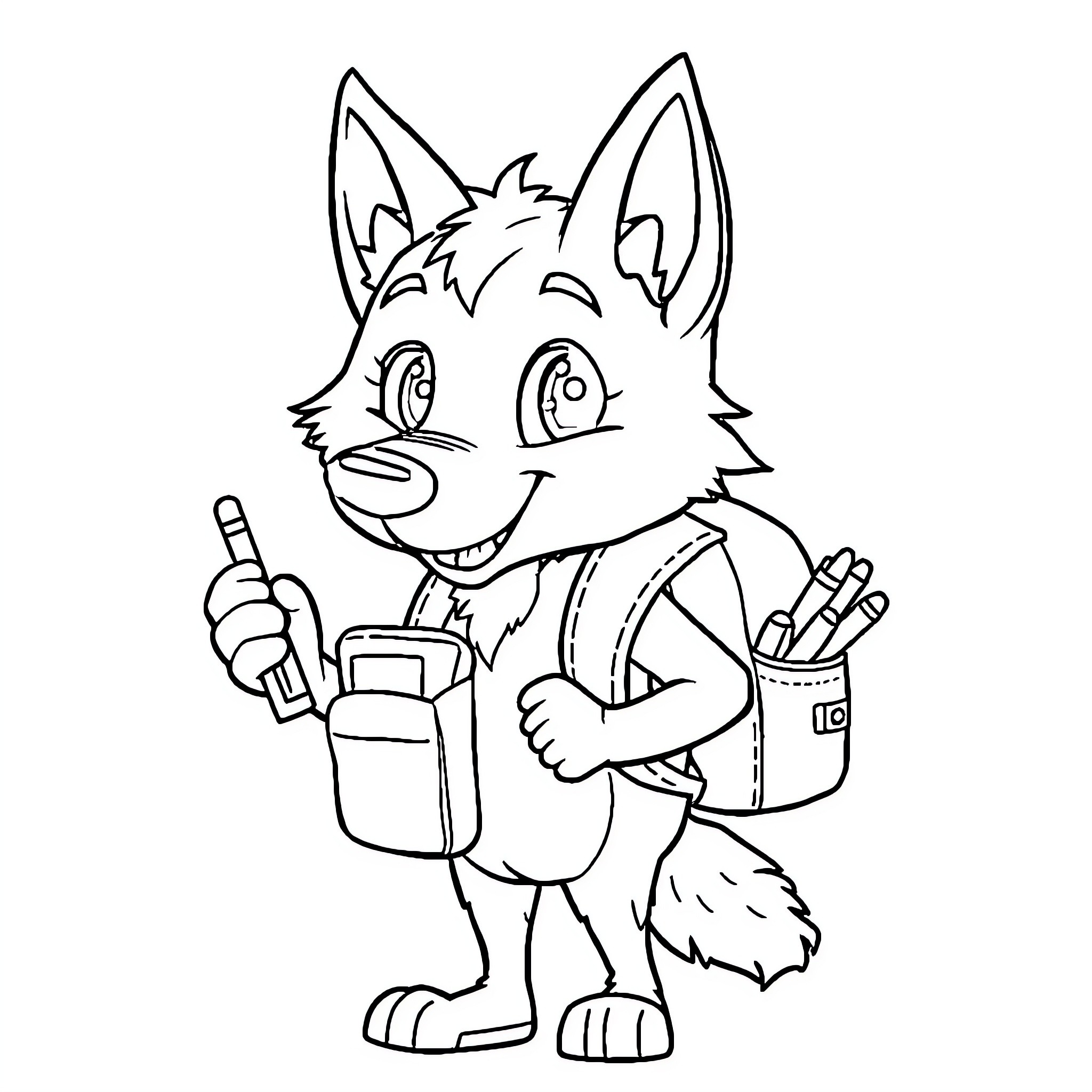 Wolf cub with school supplies and backpack Coloring Page (free black-and-white line drawing printable PDF for all, from beginners to advanced learners, including children, teens, adults, and seniors)