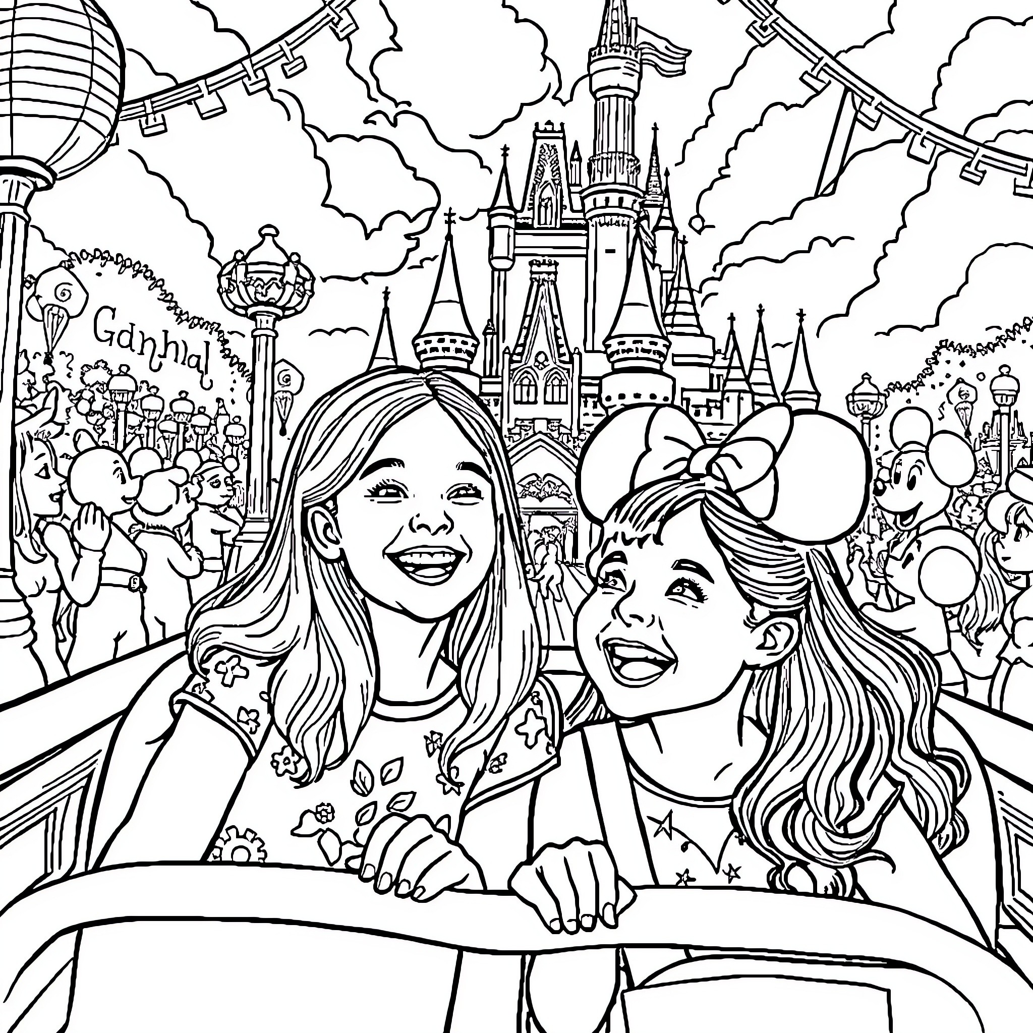 Girls enjoying a magical day at the theme park Coloring Page (free black-and-white line drawing printable PDF for all, from beginners to advanced learners, including children, teens, adults, and seniors)