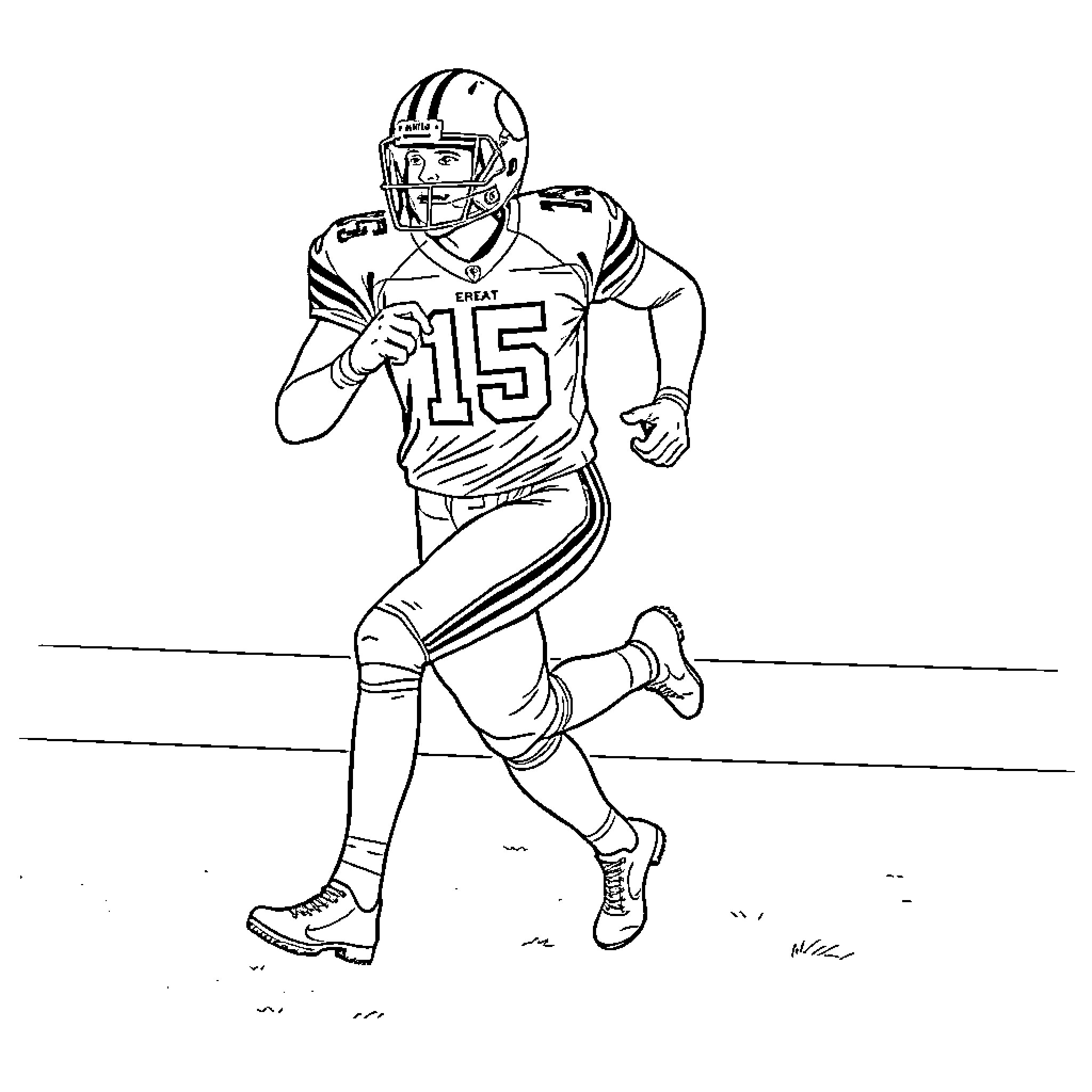 Football Player Running with Determination Coloring Page (free black-and-white line drawing printable PDF for all, from beginners to advanced learners, including children, teens, adults, and seniors)