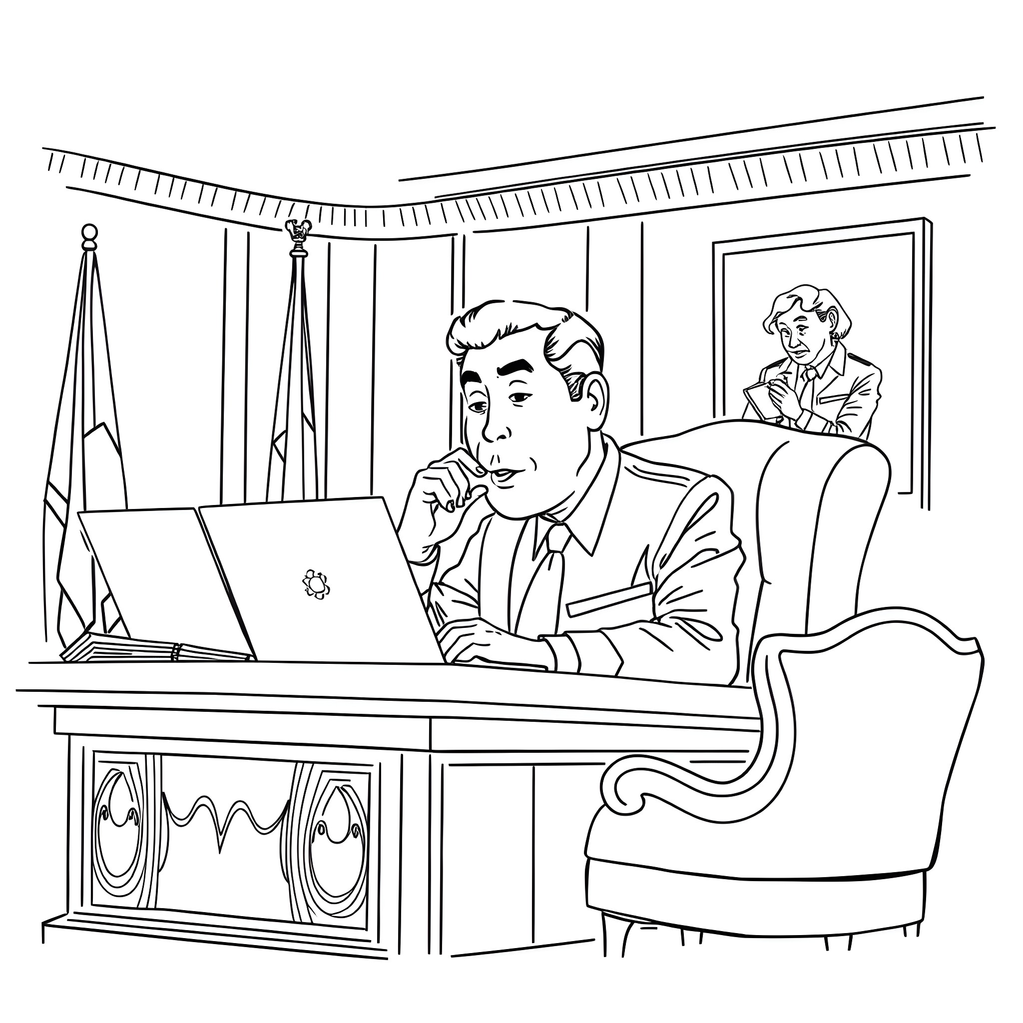 President Discussing Policy with Advisor in Oval Office Coloring Page (free black-and-white line drawing printable PDF for all, from beginners to advanced learners, including children, teens, adults, and seniors)