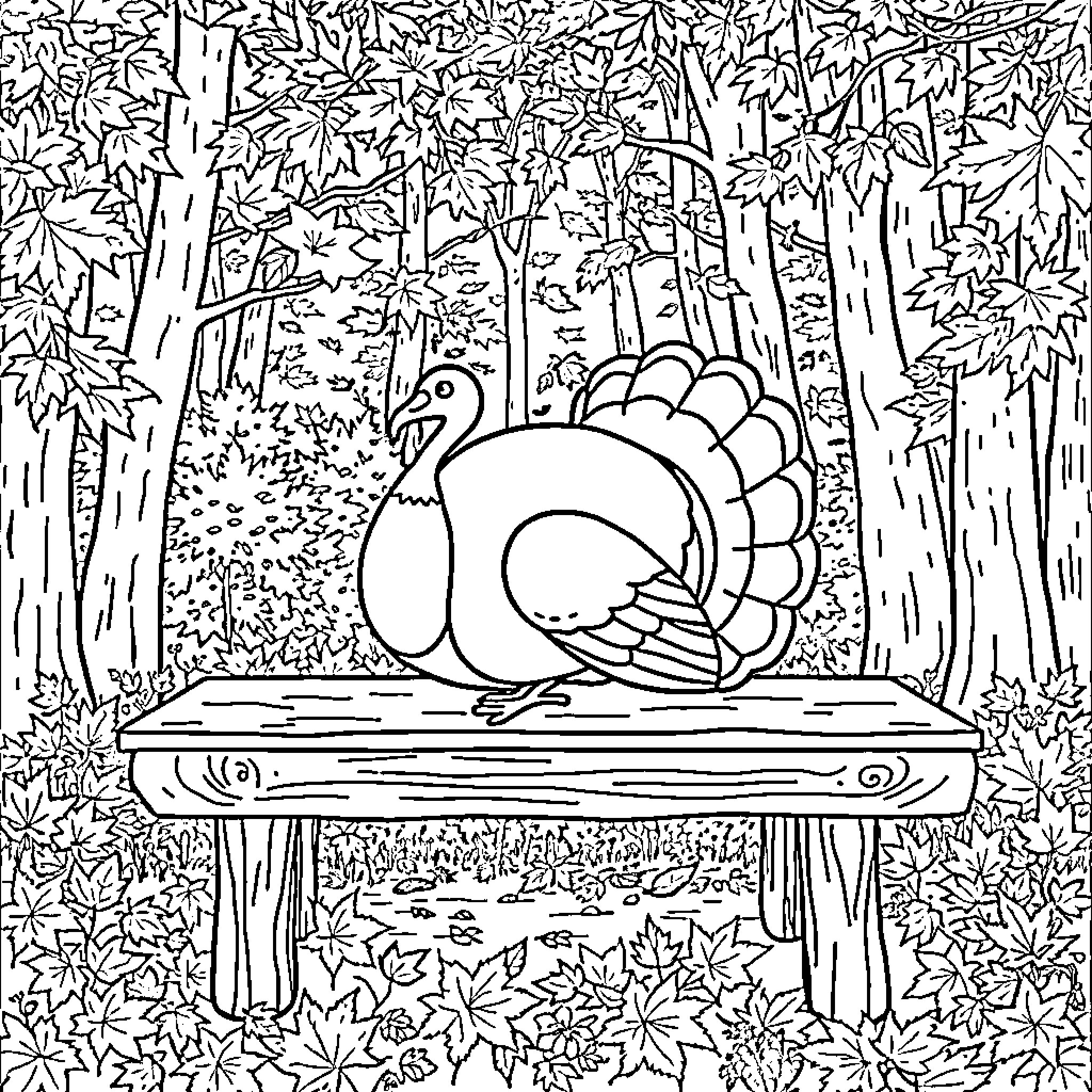 Turkey resting on wooden bench in autumn forest Coloring Page (free black-and-white line drawing printable PDF for all, from beginners to advanced learners, including children, teens, adults, and seniors)