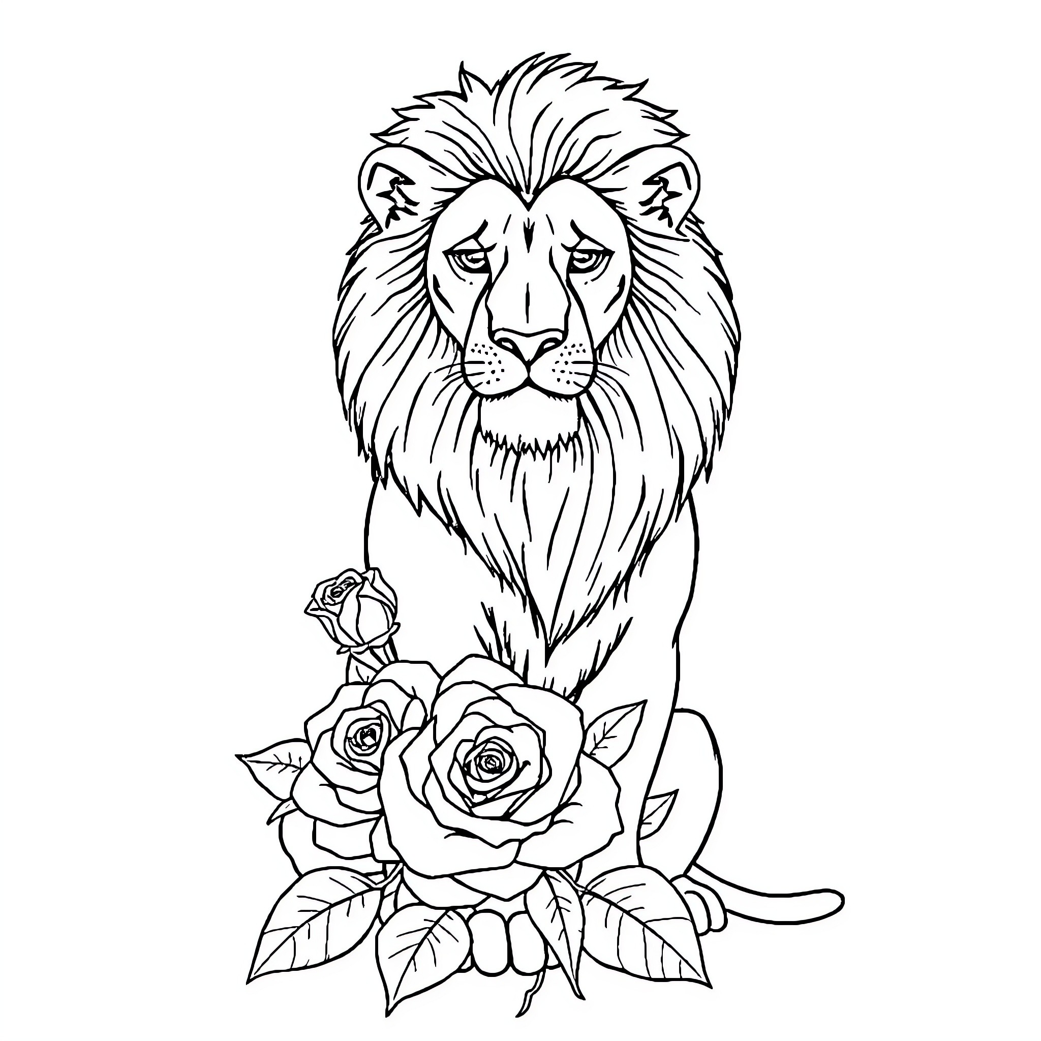 Lion with Elegant Floral Accents Coloring Page (free black-and-white line drawing printable PDF for all, from beginners to advanced learners, including children, teens, adults, and seniors)