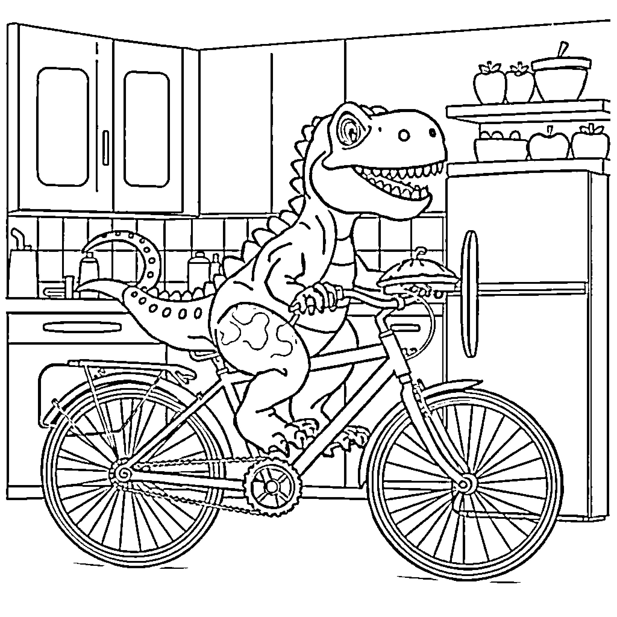 Dinosaur riding a bicycle in the kitchen Coloring Page (free black-and-white line drawing printable PDF for all, from beginners to advanced learners, including children, teens, adults, and seniors)