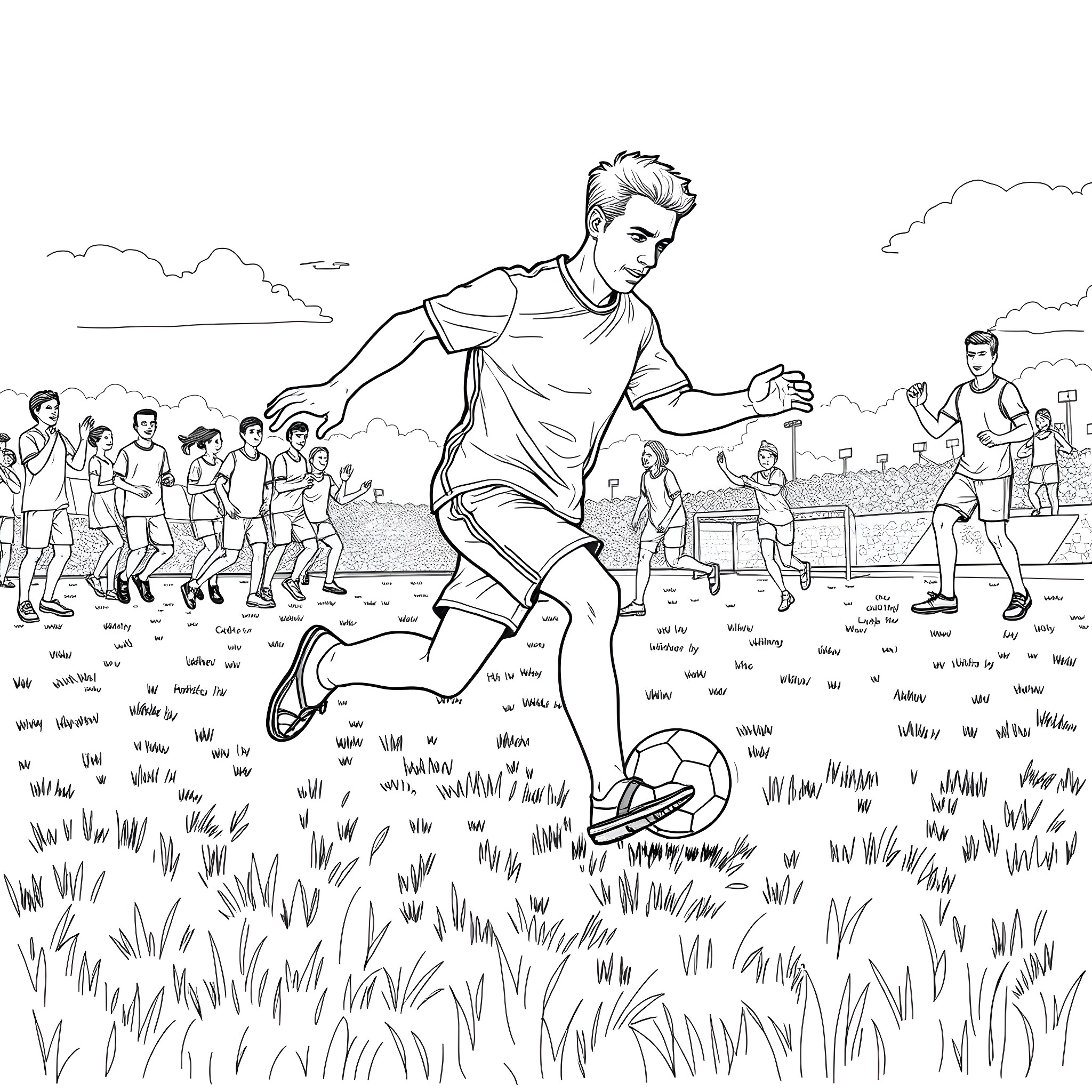 Homme playing soccer in the park Coloring Page (free black-and-white line drawing printable PDF for all, from beginners to advanced learners, including children, teens, adults, and seniors)