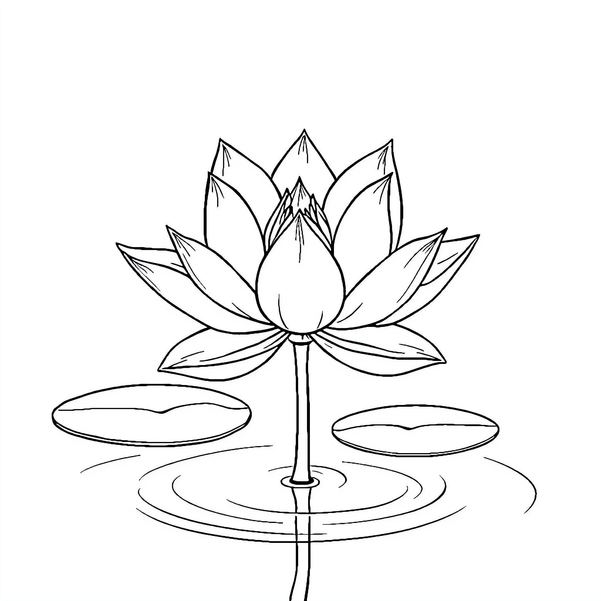 Lotus Flower Floating on Serene Water Coloring Page (free black-and-white line drawing printable PDF for all, from beginners to advanced learners, including children, teens, adults, and seniors)