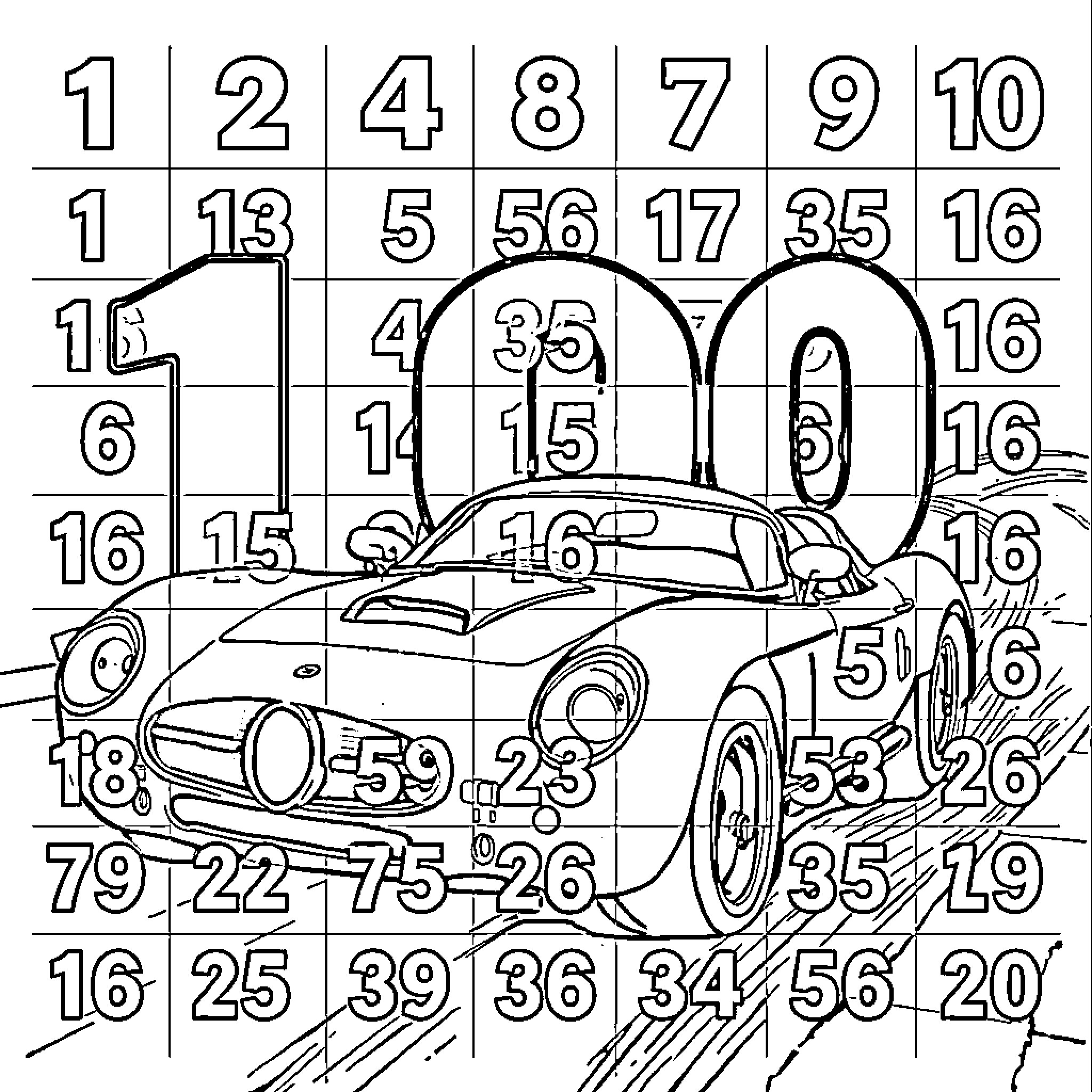 Number Coloring Book with Sports Car Outline Coloring Page (free black-and-white line drawing printable PDF for all, from beginners to advanced learners, including children, teens, adults, and seniors)