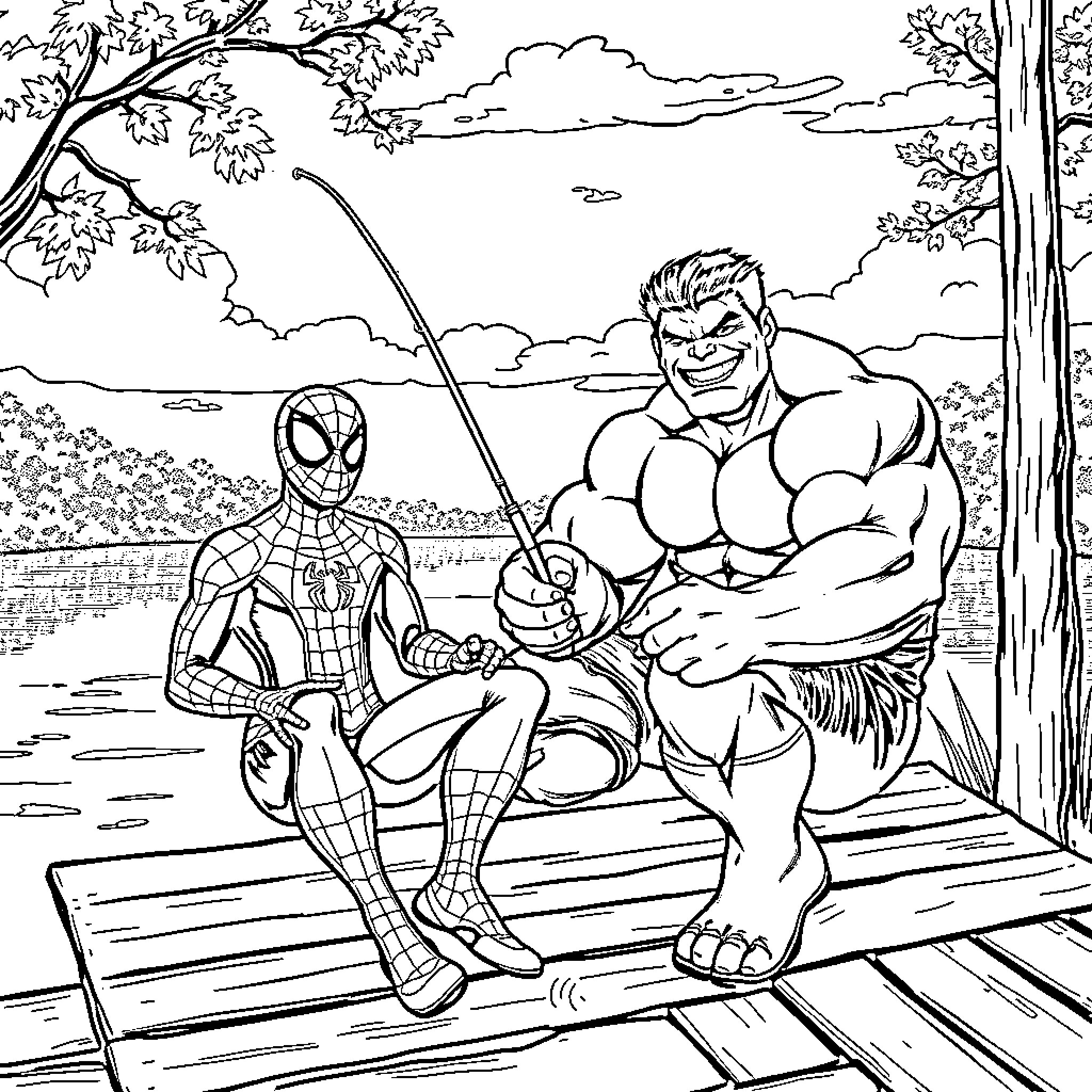 Spiderman meets the Hulk in a scenic outdoor setting Coloring Page (free black-and-white line drawing printable PDF for all, from beginners to advanced learners, including children, teens, adults, and seniors)