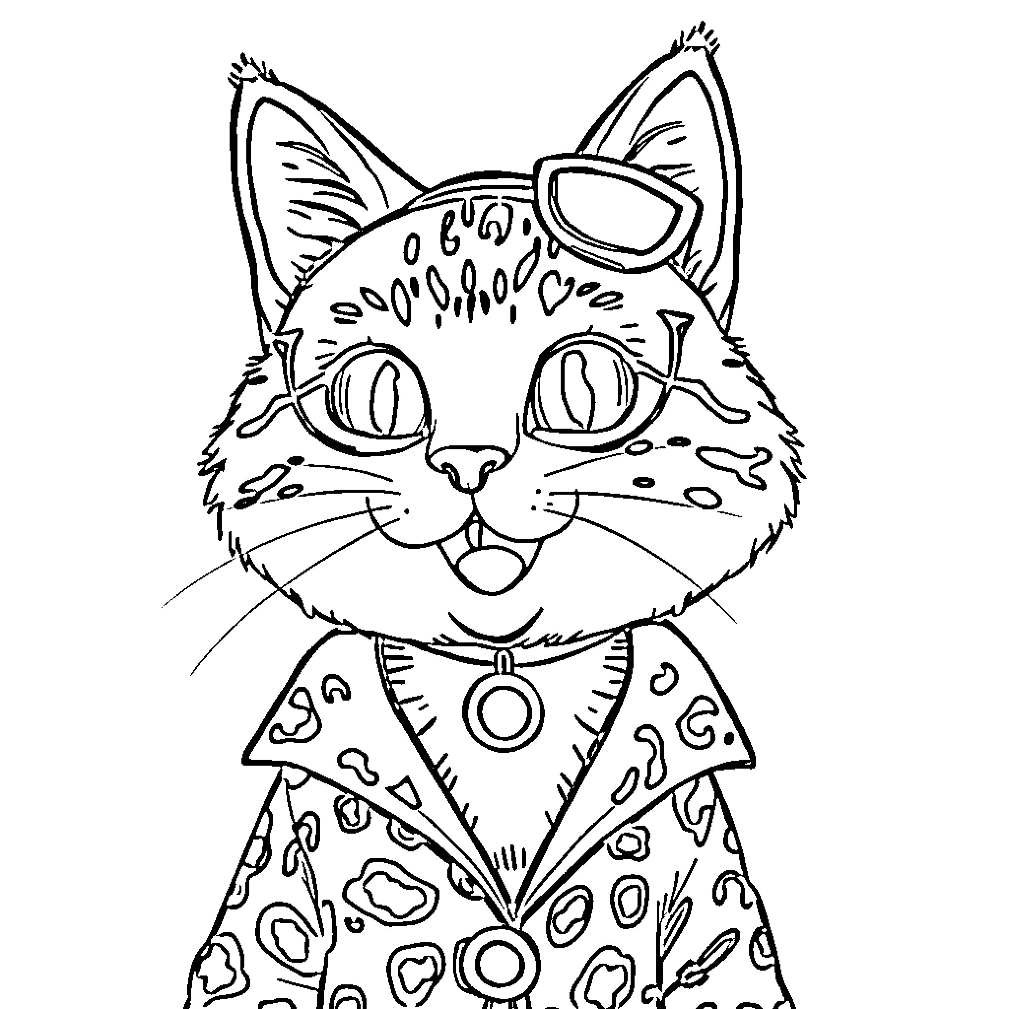 Gabby the Curious Cat in Patterned Outfit Coloring Page (free black-and-white line drawing printable PDF for all, from beginners to advanced learners, including children, teens, adults, and seniors)