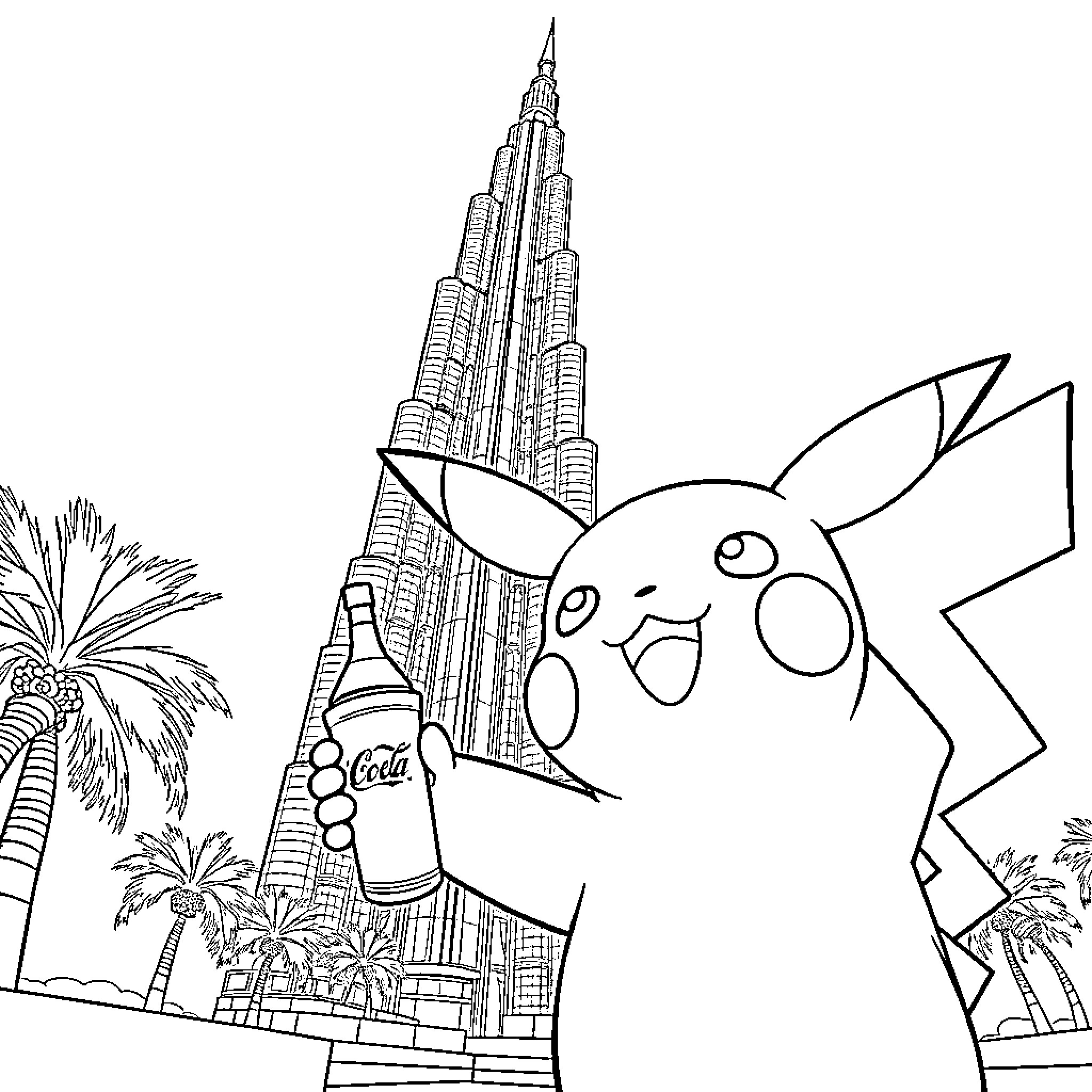 Pikachu exploring the city skyline Coloring Page (free black-and-white line drawing printable PDF for all, from beginners to advanced learners, including children, teens, adults, and seniors)