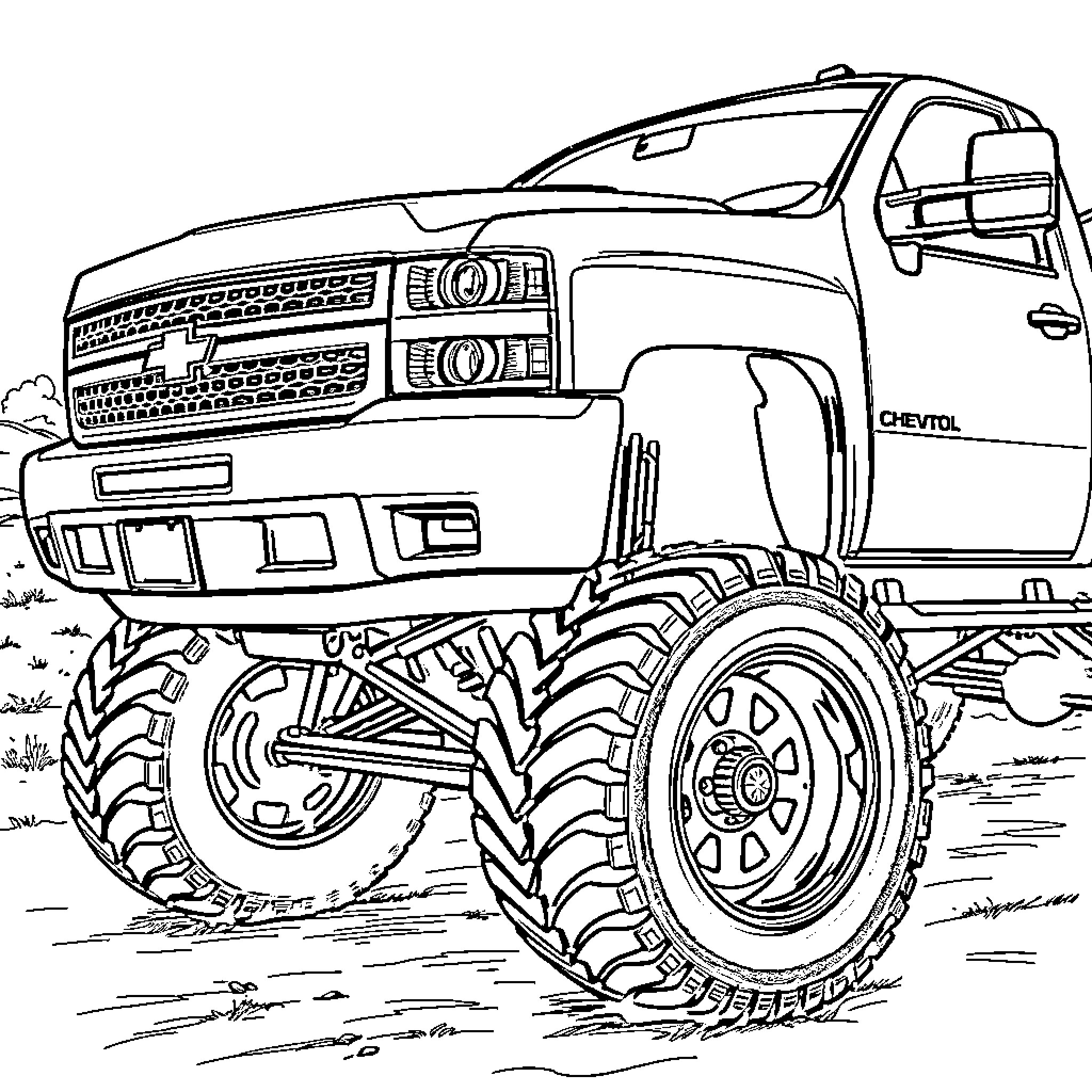 Chevy off-road truck in action Coloring Page (free black-and-white line drawing printable PDF for all, from beginners to advanced learners, including children, teens, adults, and seniors)