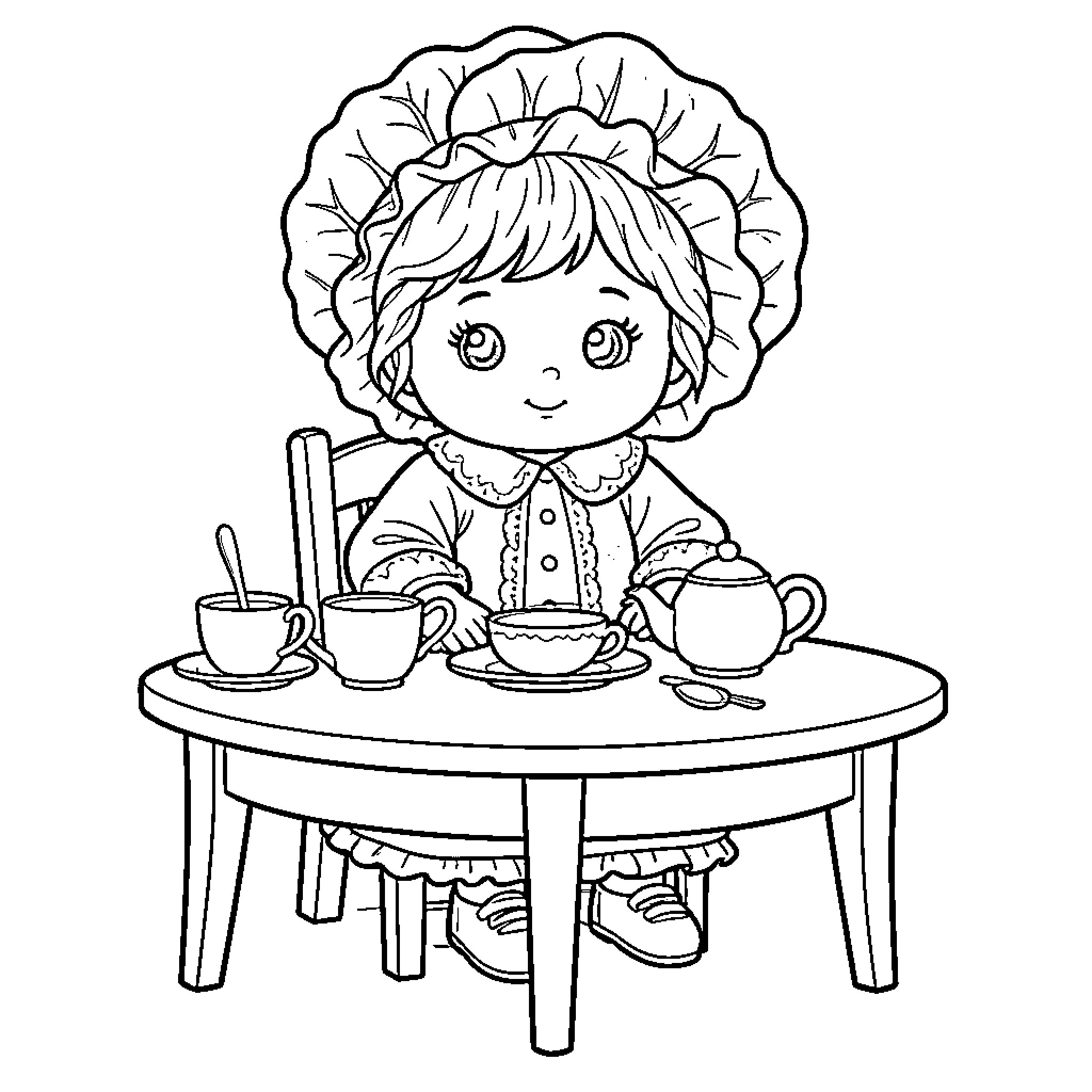 Doll sitting at a table enjoying tea time Coloring Page (free black-and-white line drawing printable PDF for all, from beginners to advanced learners, including children, teens, adults, and seniors)