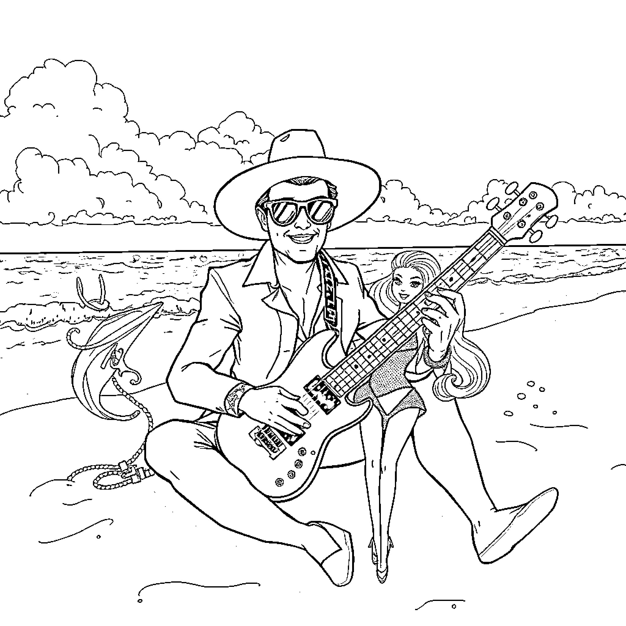 Rock Star Couple Performing on the Beach Coloring Page (free black-and-white line drawing printable PDF for all, from beginners to advanced learners, including children, teens, adults, and seniors)