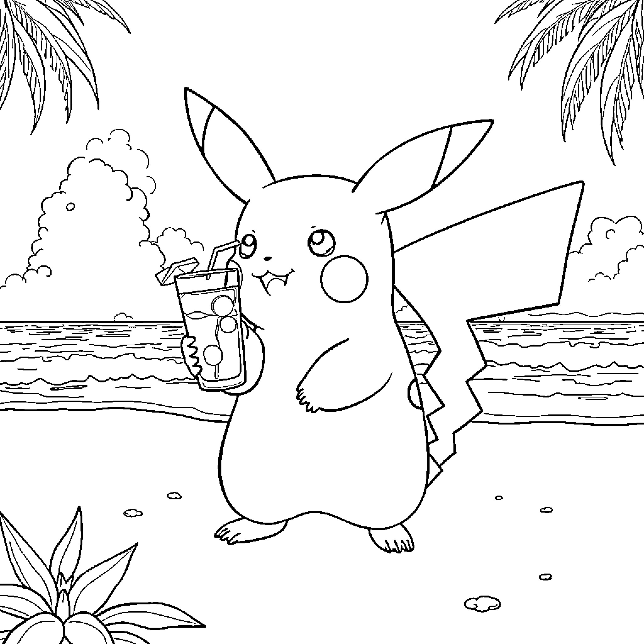 Pikachu drinking a refreshing beverage at the beach Coloring Page (free black-and-white line drawing printable PDF for all, from beginners to advanced learners, including children, teens, adults, and seniors)