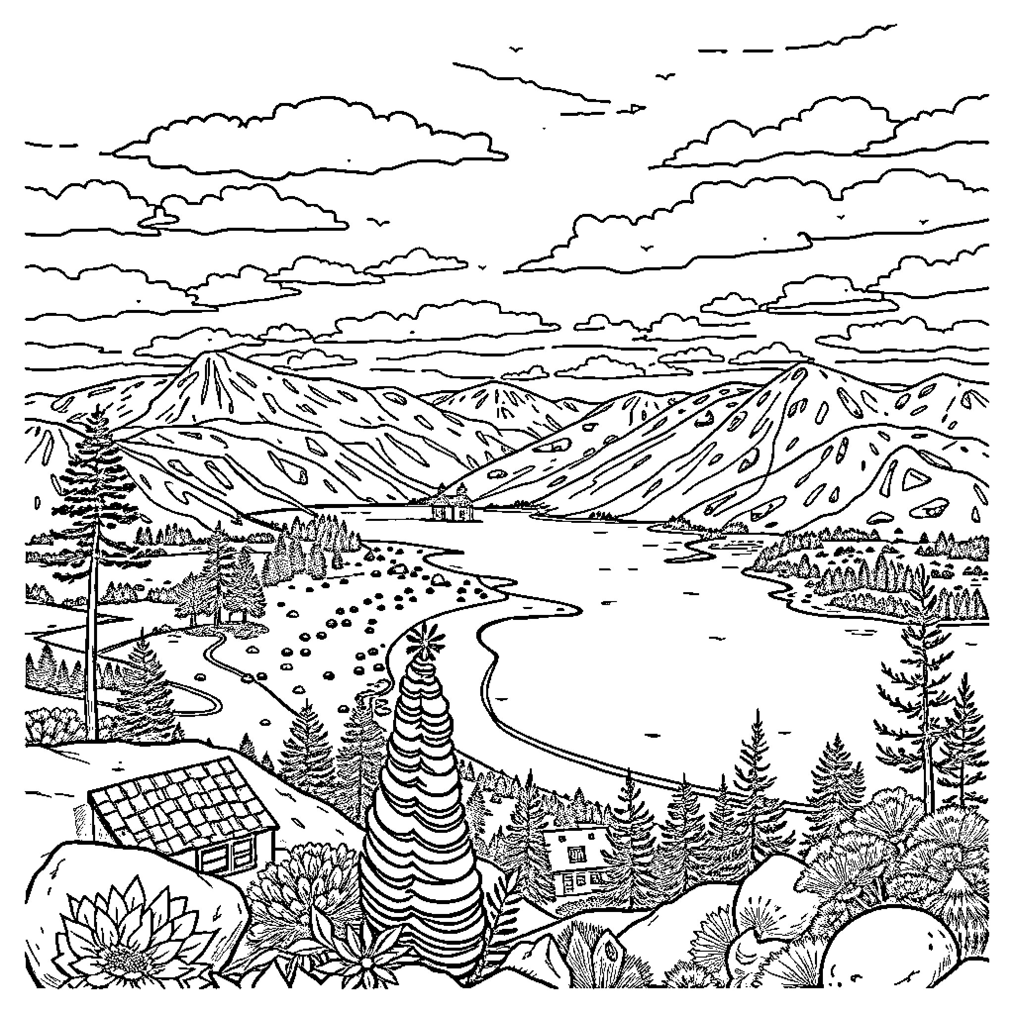 Laponie: Mountainous landscape with a lake and cottages Coloring Page (free black-and-white line drawing printable PDF for all, from beginners to advanced learners, including children, teens, adults, and seniors)