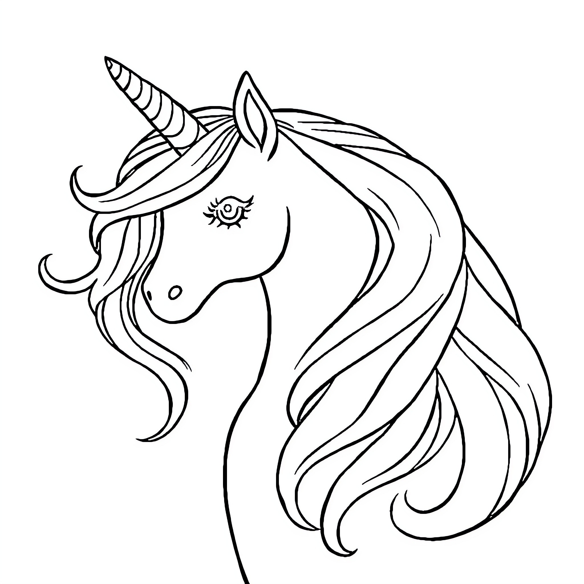 Unicorn with flowing mane and elegant design Coloring Page (free black-and-white line drawing printable PDF for all, from beginners to advanced learners, including children, teens, adults, and seniors)