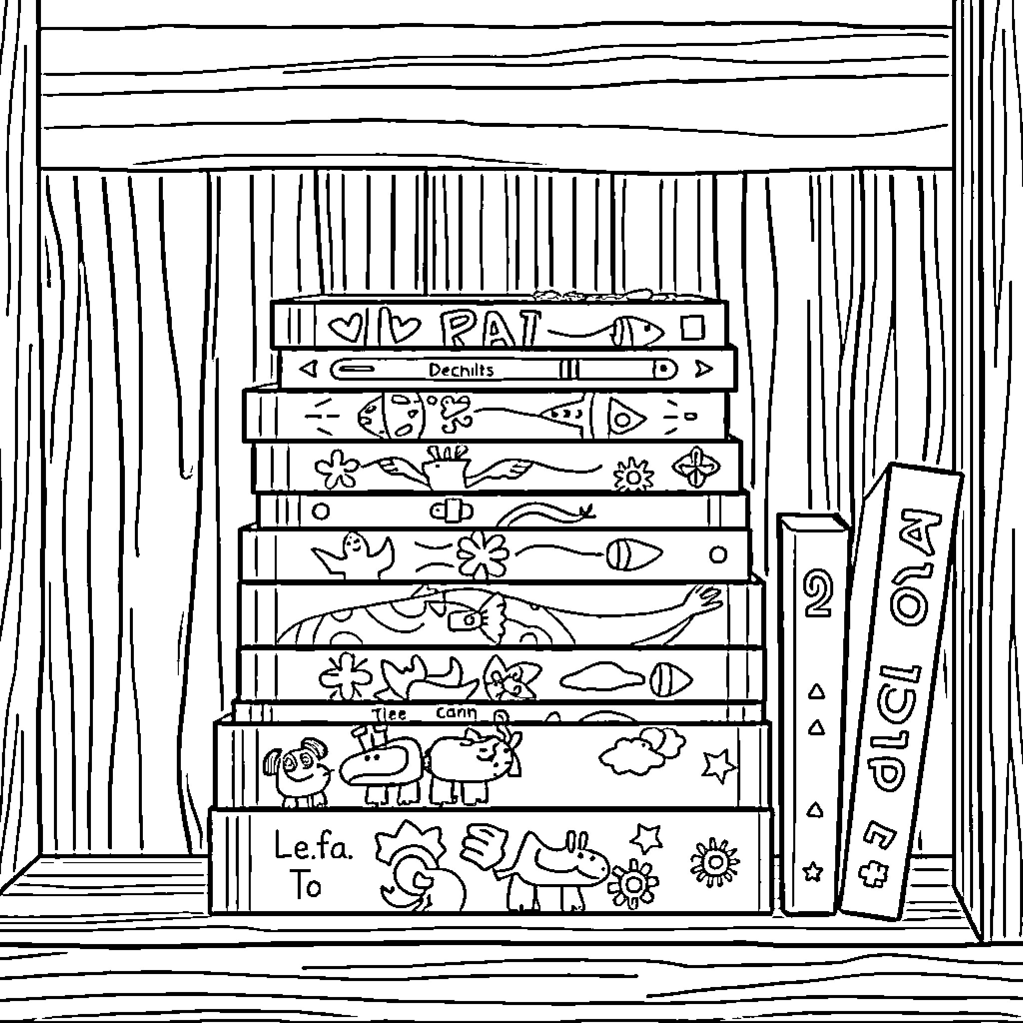 Book stack with illustrated covers Coloring Page (free black-and-white line drawing printable PDF for all, from beginners to advanced learners, including children, teens, adults, and seniors)