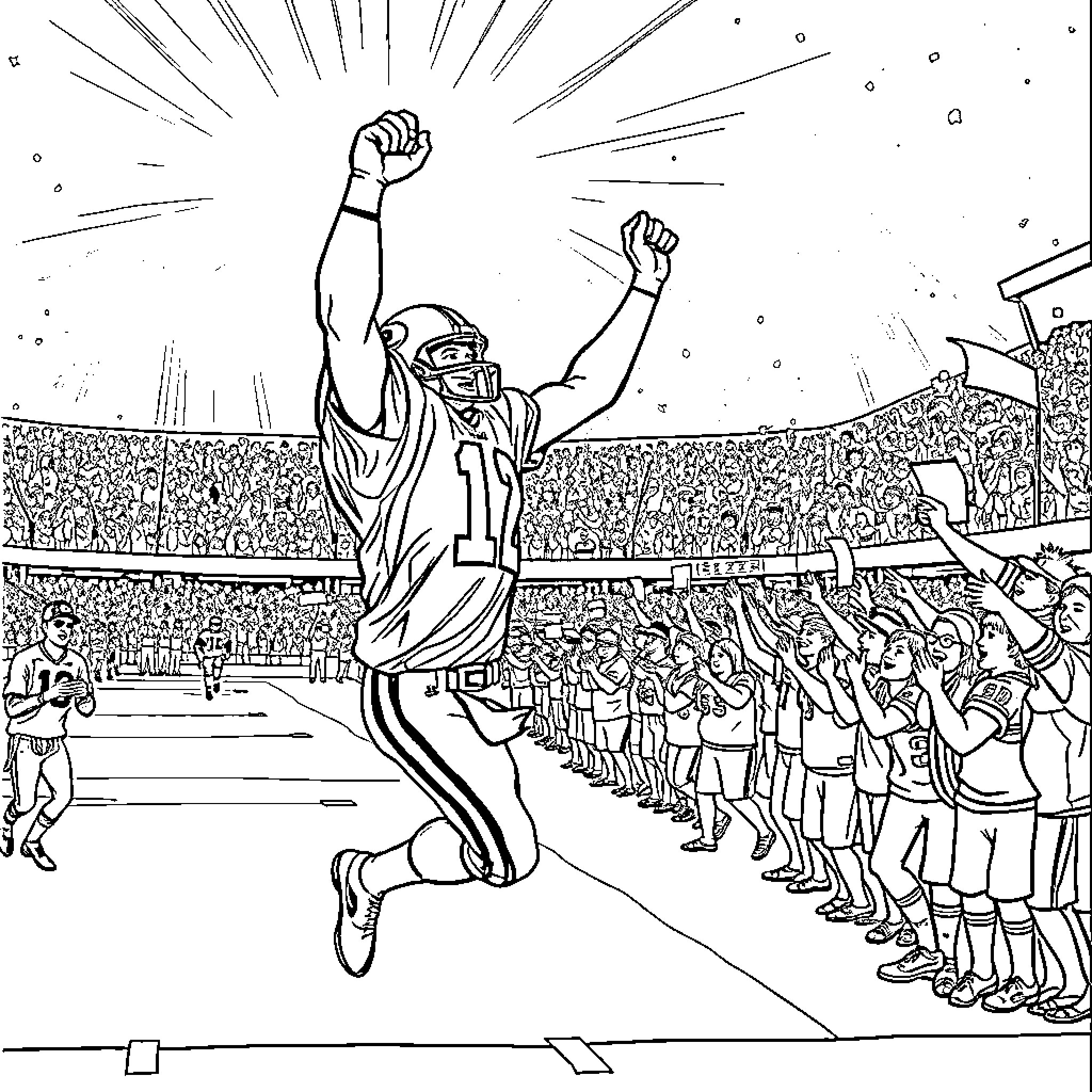Brett Favre Celebrates Victory in Stadium Coloring Page (free black-and-white line drawing printable PDF for all, from beginners to advanced learners, including children, teens, adults, and seniors)