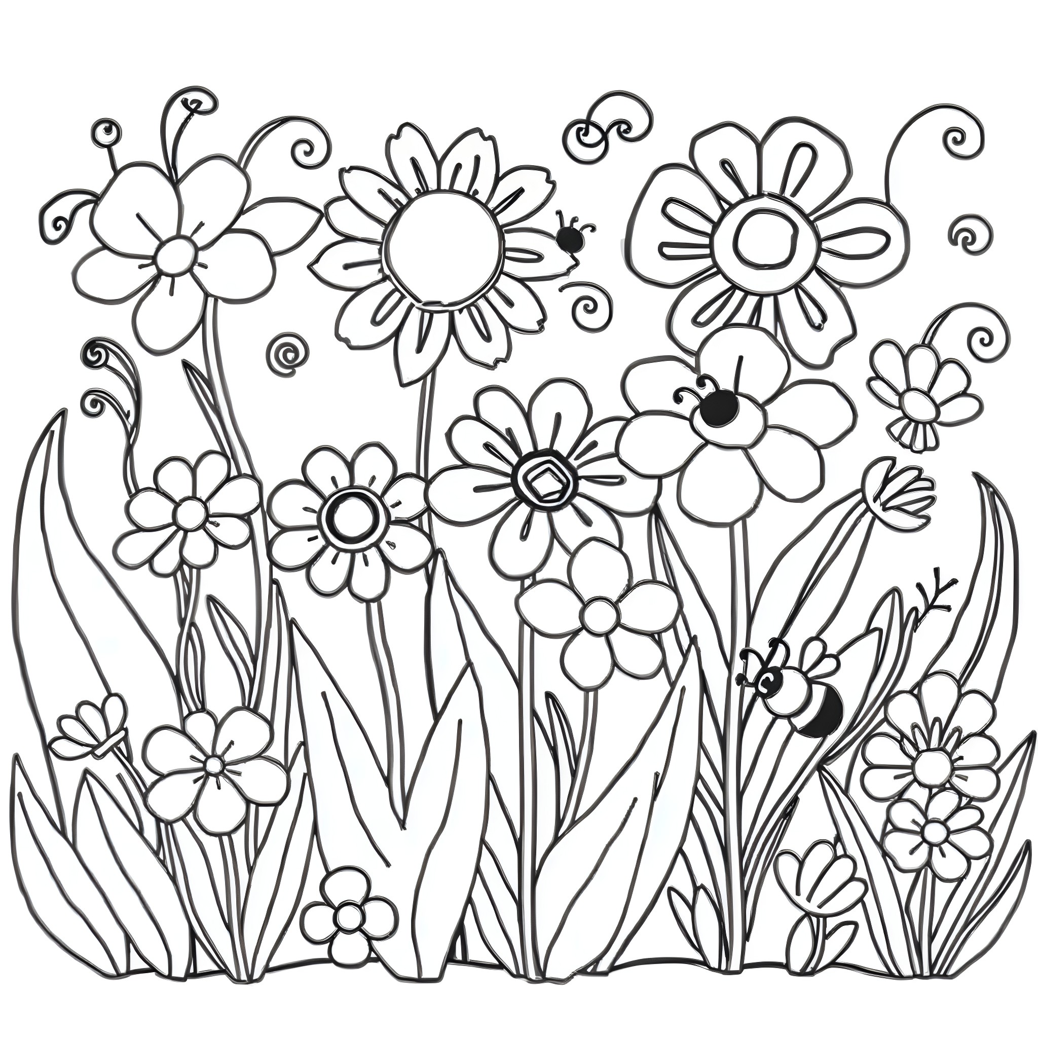 Flower Garden with Playful Elements Coloring Page (free black-and-white line drawing printable PDF for all, from beginners to advanced learners, including children, teens, adults, and seniors)