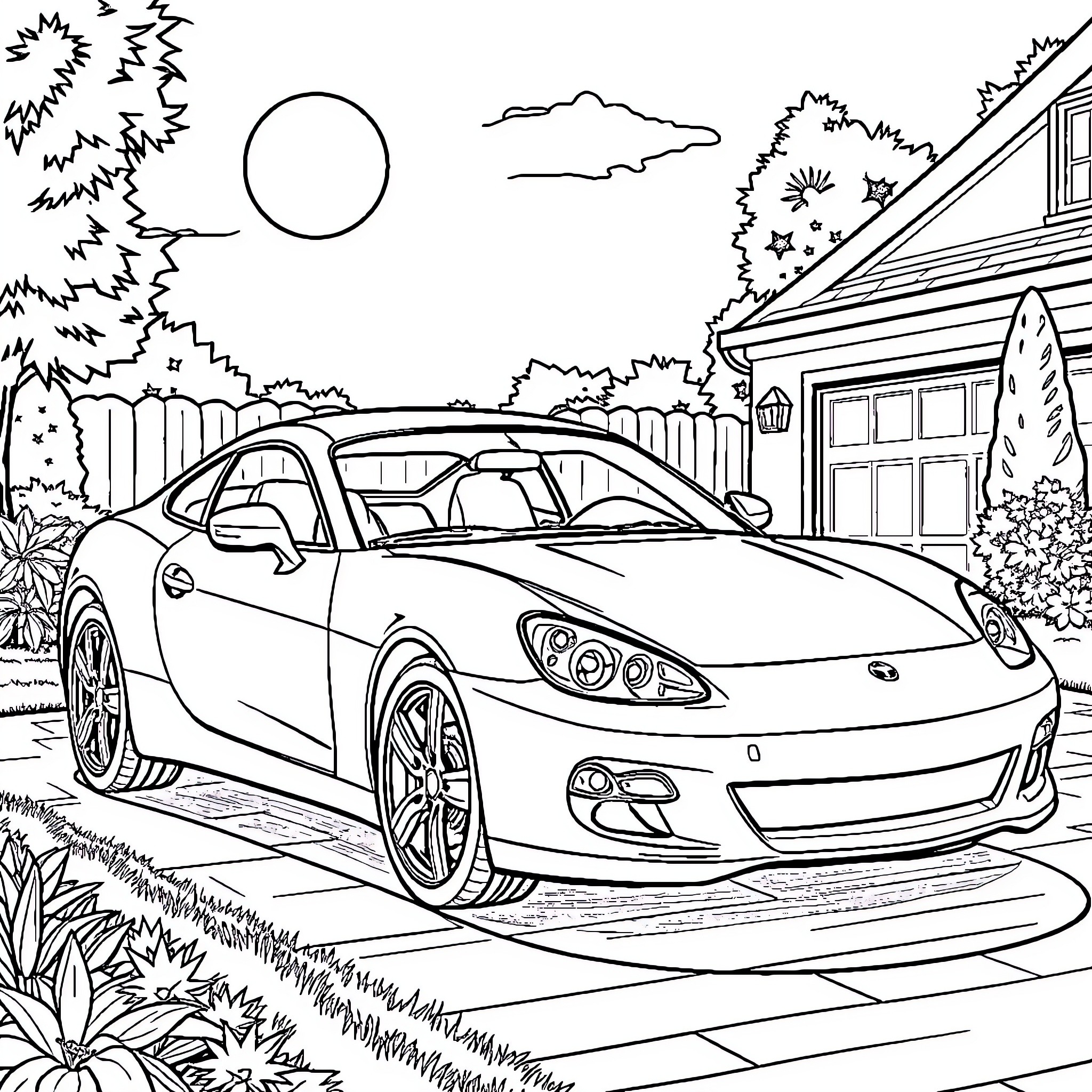 Car parked in a scenic neighborhood Coloring Page (free black-and-white line drawing printable PDF for all, from beginners to advanced learners, including children, teens, adults, and seniors)