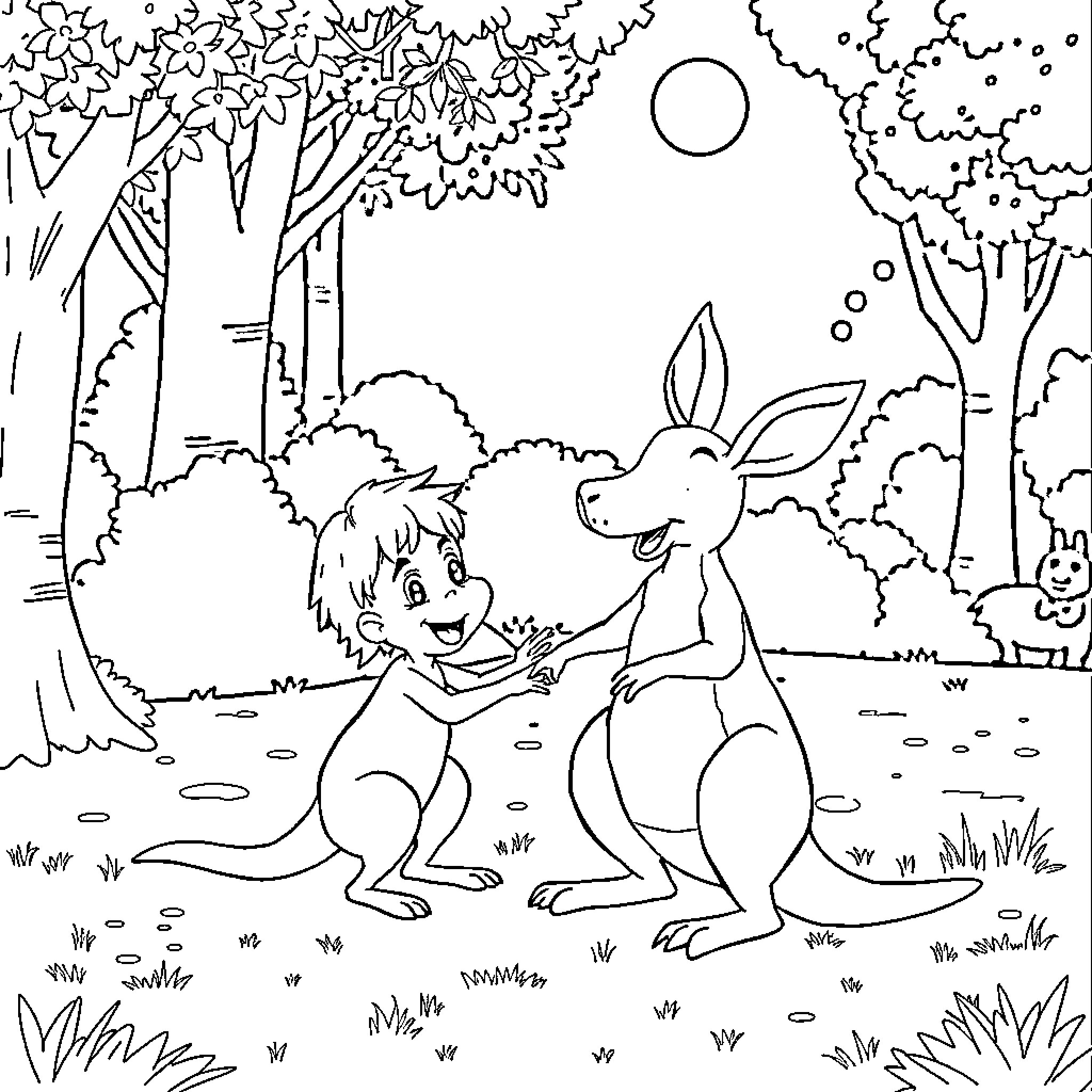 Kangaroos playing happily in the forest Coloring Page (free black-and-white line drawing printable PDF for all, from beginners to advanced learners, including children, teens, adults, and seniors)