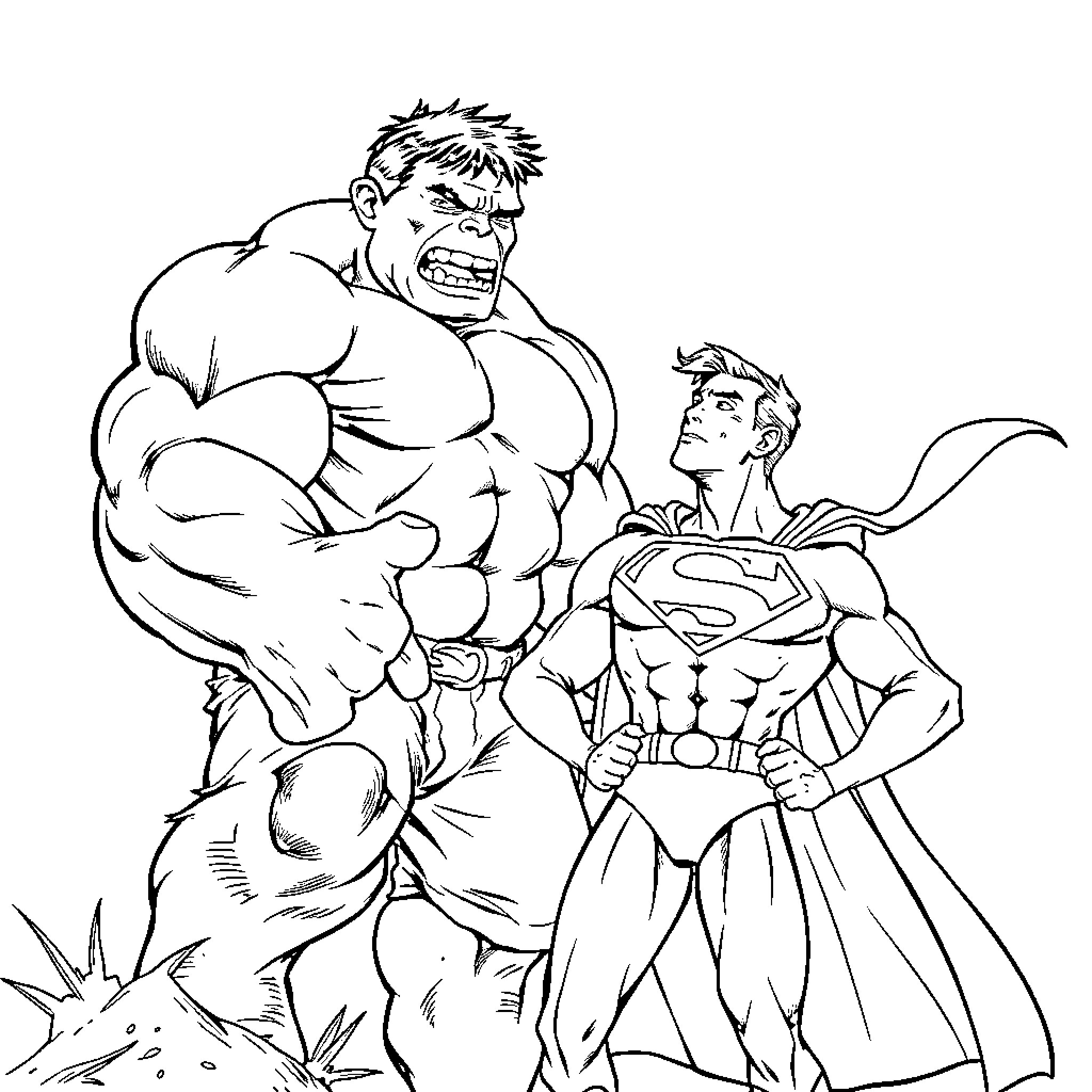 Hulk Confronting a Superhero in Battle Coloring Page (free black-and-white line drawing printable PDF for all, from beginners to advanced learners, including children, teens, adults, and seniors)