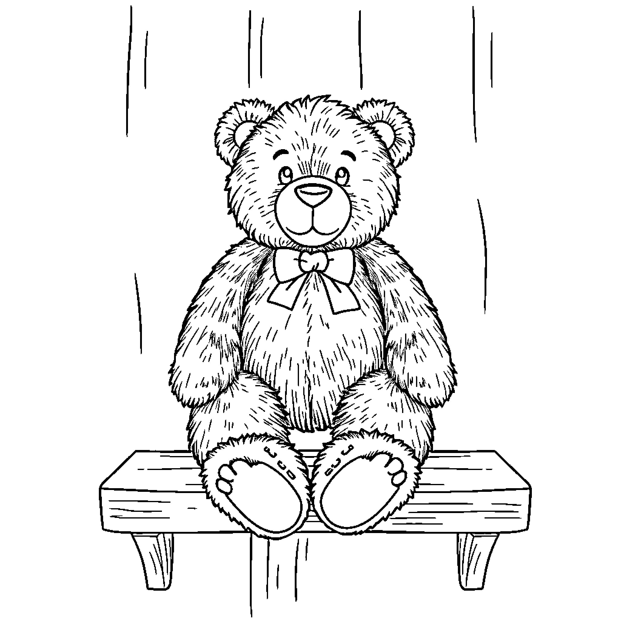Teddy Bear sitting on a wooden bench Coloring Page (free black-and-white line drawing printable PDF for all, from beginners to advanced learners, including children, teens, adults, and seniors)