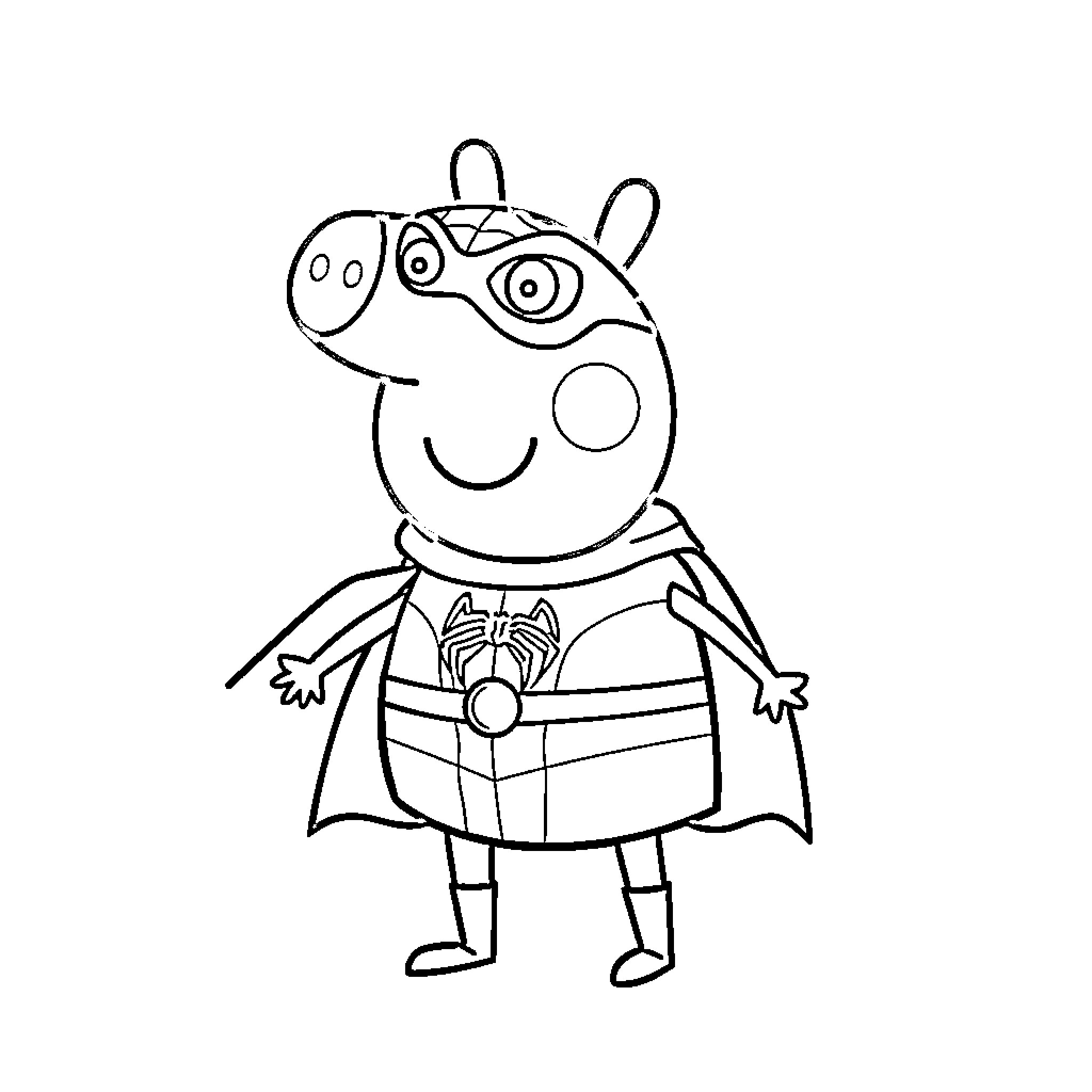 Peppa Pig dressed as a superhero Coloring Page (free black-and-white line drawing printable PDF for all, from beginners to advanced learners, including children, teens, adults, and seniors)