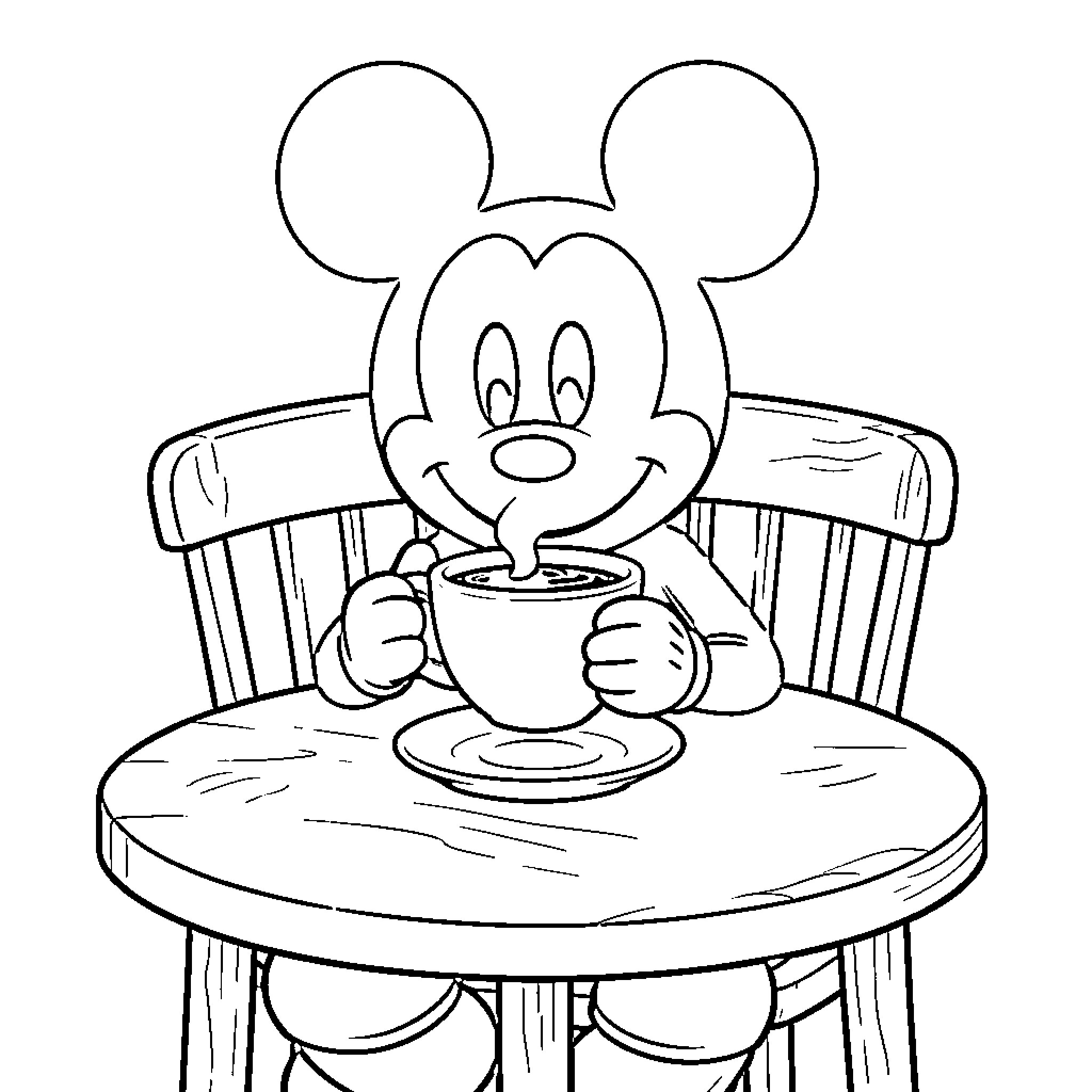 Mickey Mouse sitting at a table drinking from a cup Coloring Page (free black-and-white line drawing printable PDF for all, from beginners to advanced learners, including children, teens, adults, and seniors)