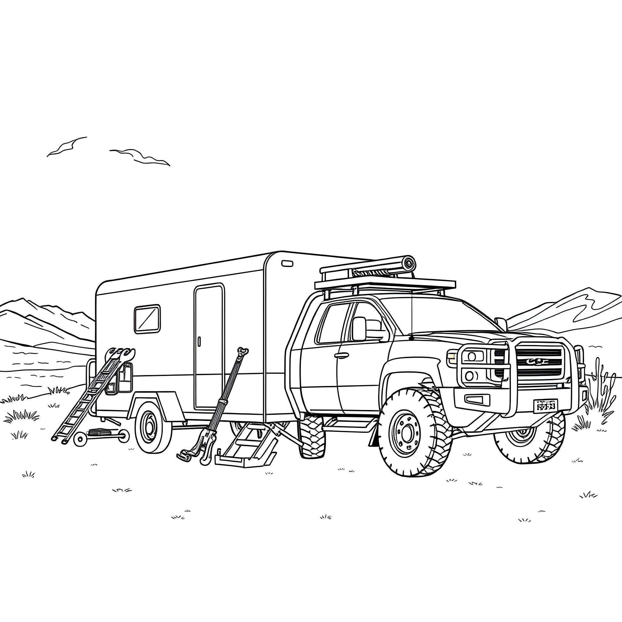 Car Trailer with Camping Equipment in Scenic Outdoors Coloring Page (free black-and-white line drawing printable PDF for all, from beginners to advanced learners, including children, teens, adults, and seniors)