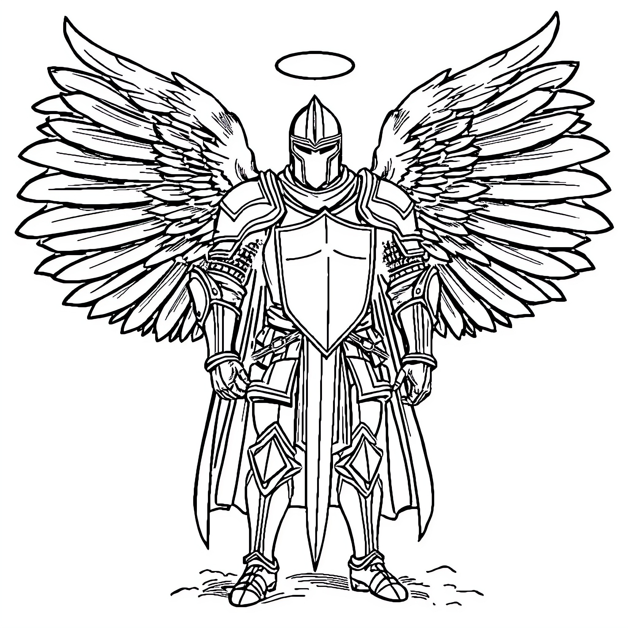 Knight Guardian with Majestic Wings Coloring Page (free black-and-white line drawing printable PDF for all, from beginners to advanced learners, including children, teens, adults, and seniors)