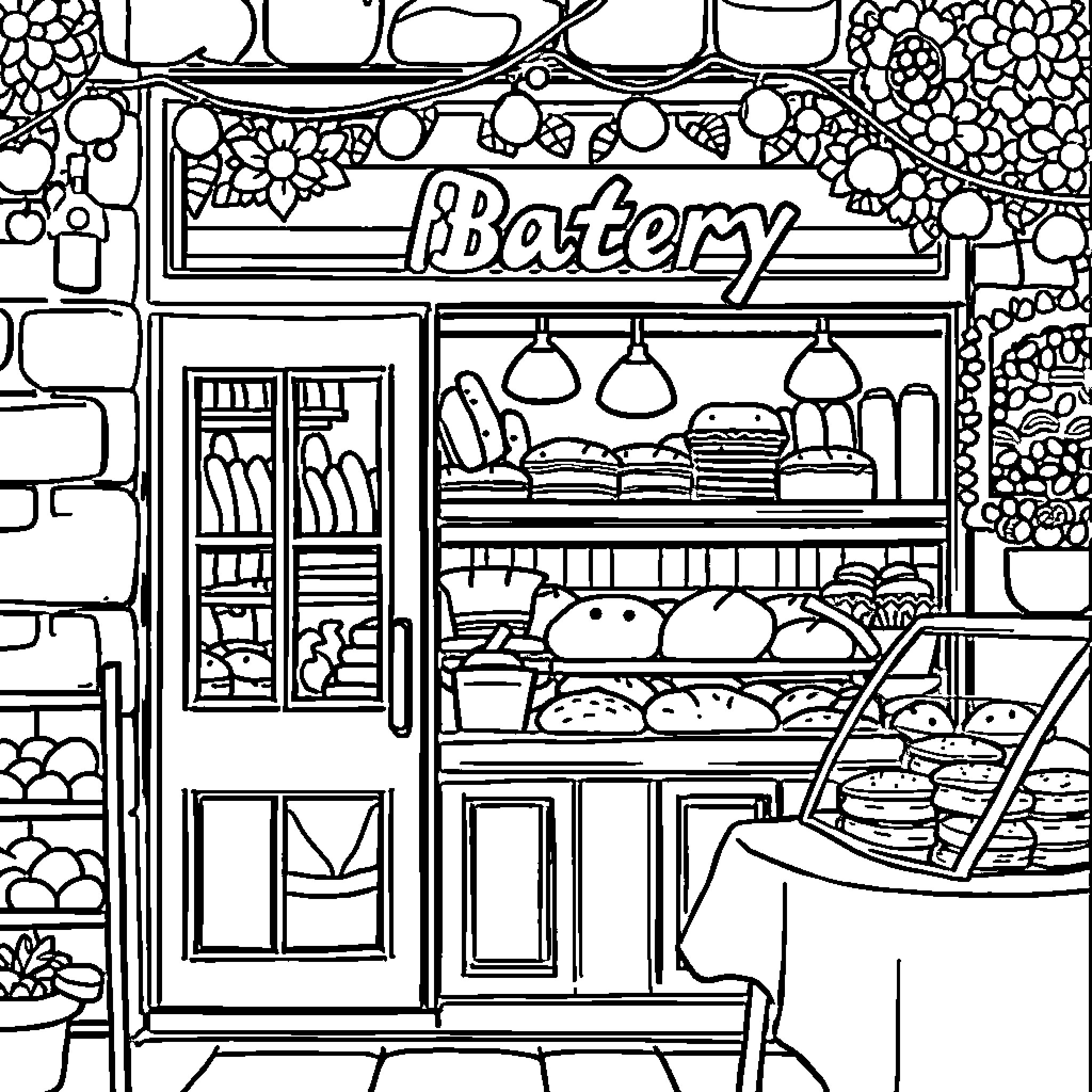 Bakery with Assorted Baked Goods and Decor Coloring Page (free black-and-white line drawing printable PDF for all, from beginners to advanced learners, including children, teens, adults, and seniors)