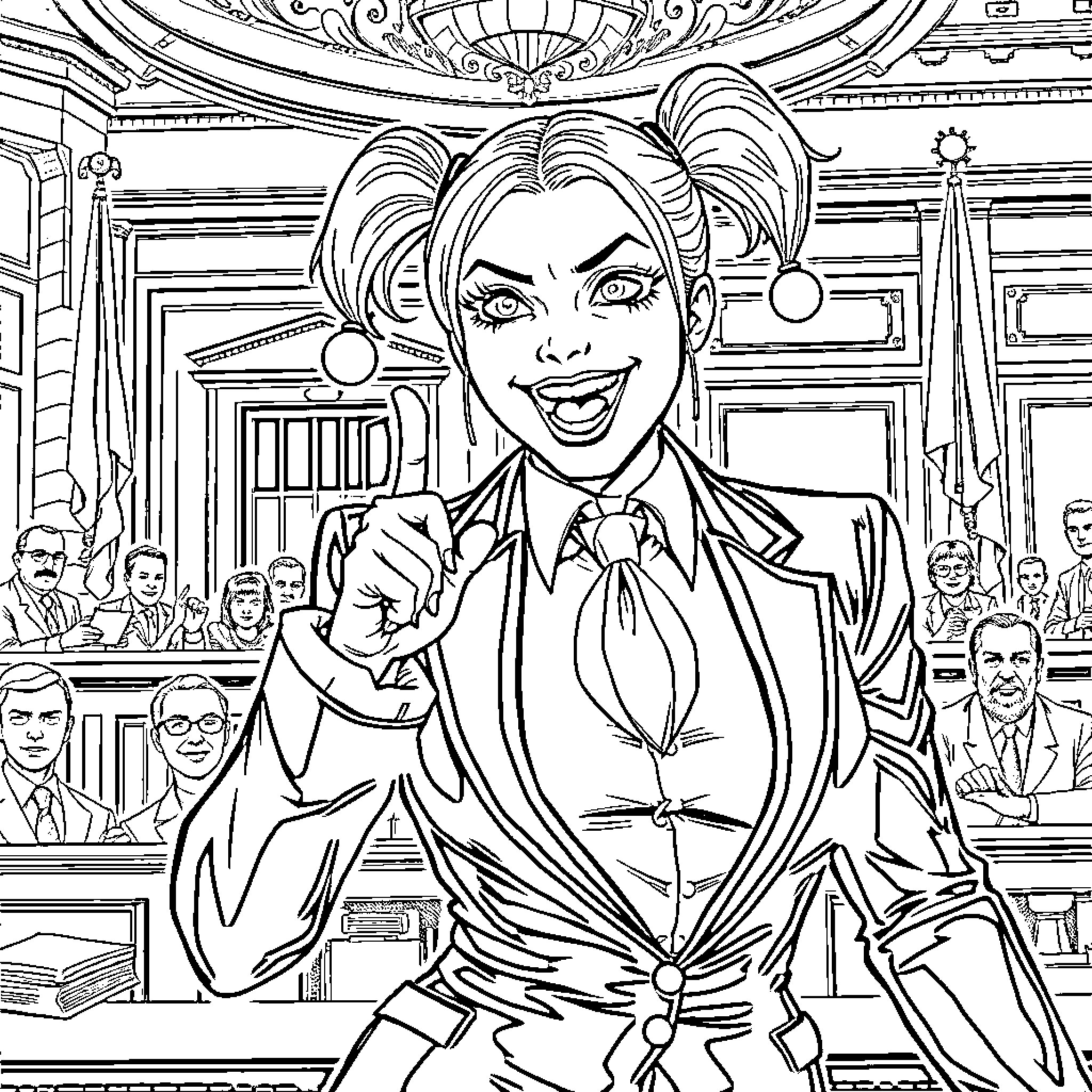 Harley Quinn's Courtroom Performance Coloring Page (free black-and-white line drawing printable PDF for all, from beginners to advanced learners, including children, teens, adults, and seniors)