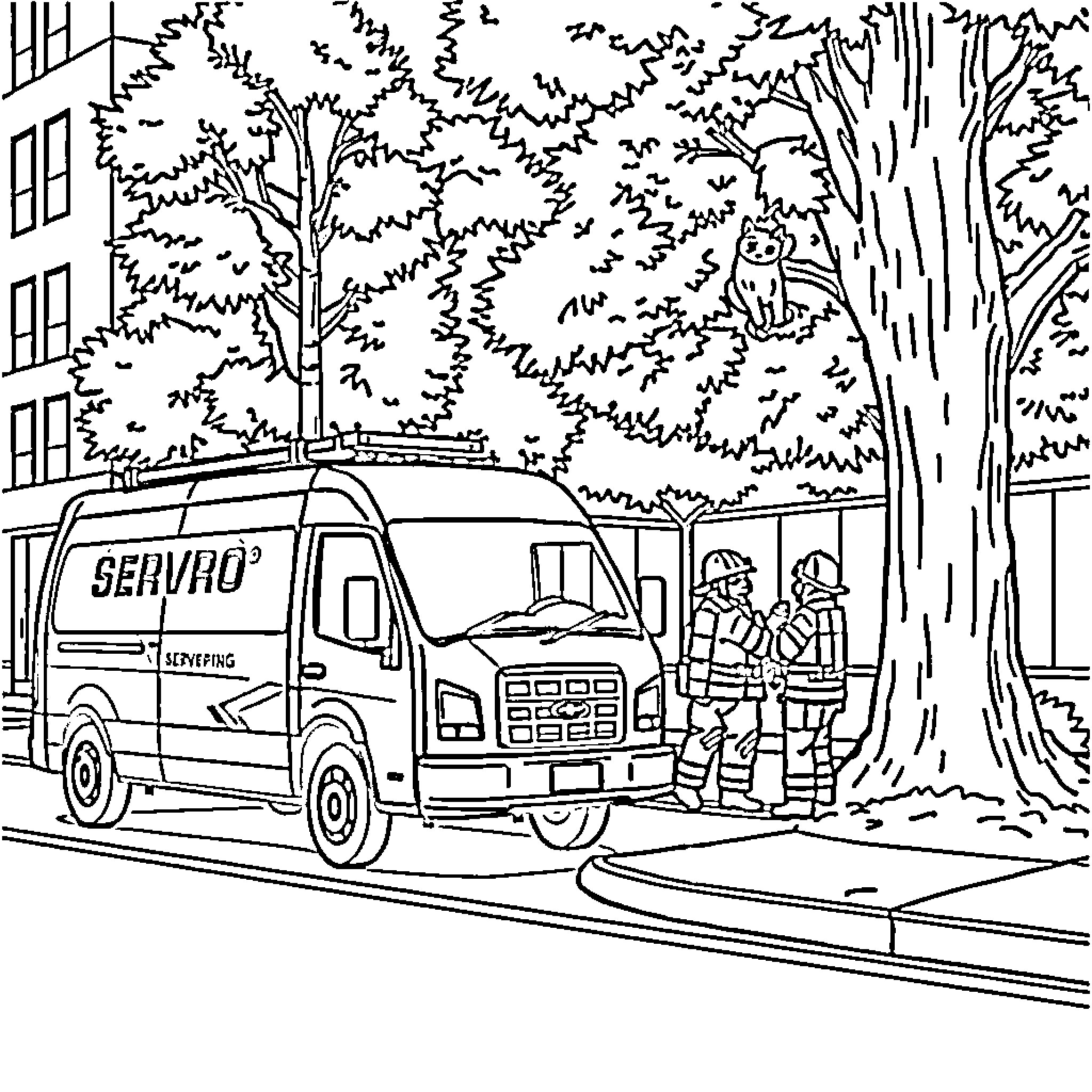 Van Repairs in the Leafy Neighborhood Coloring Page (free black-and-white line drawing printable PDF for all, from beginners to advanced learners, including children, teens, adults, and seniors)
