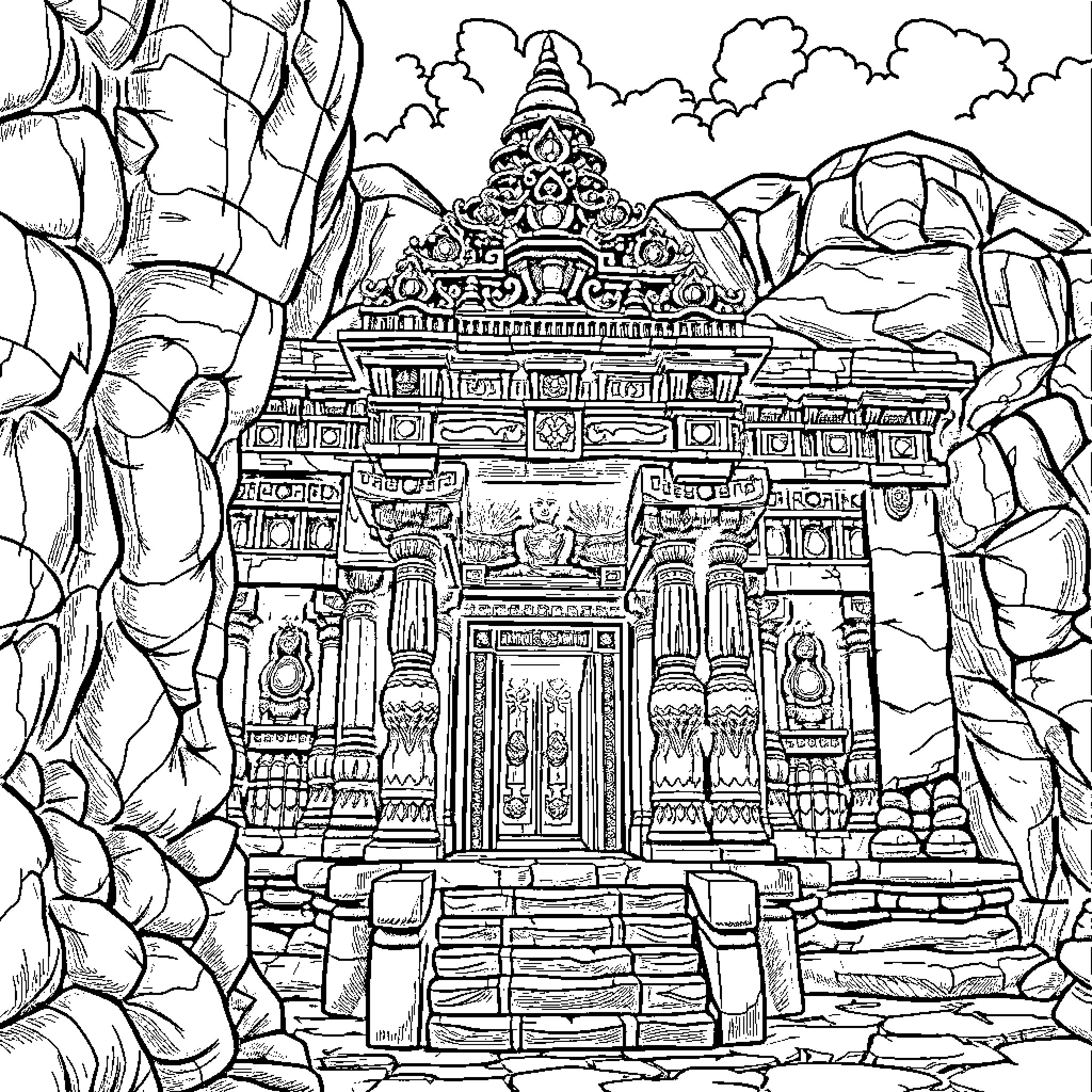 Temple of Ornate Architecture in Mountainous Landscape Coloring Page (free black-and-white line drawing printable PDF for all, from beginners to advanced learners, including children, teens, adults, and seniors)
