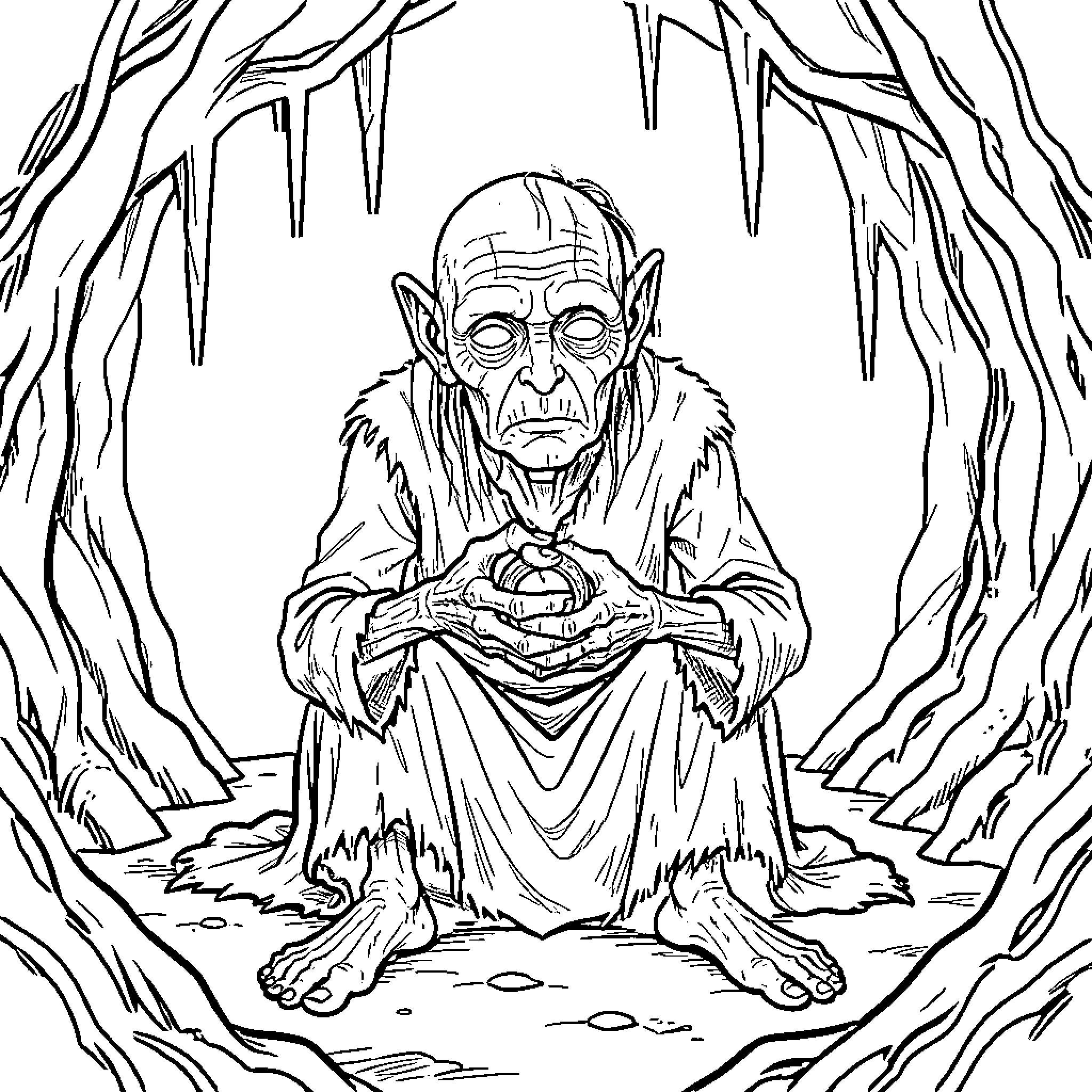 Gollum sitting intensely while clutching a small object Coloring Page (free black-and-white line drawing printable PDF for all, from beginners to advanced learners, including children, teens, adults, and seniors)