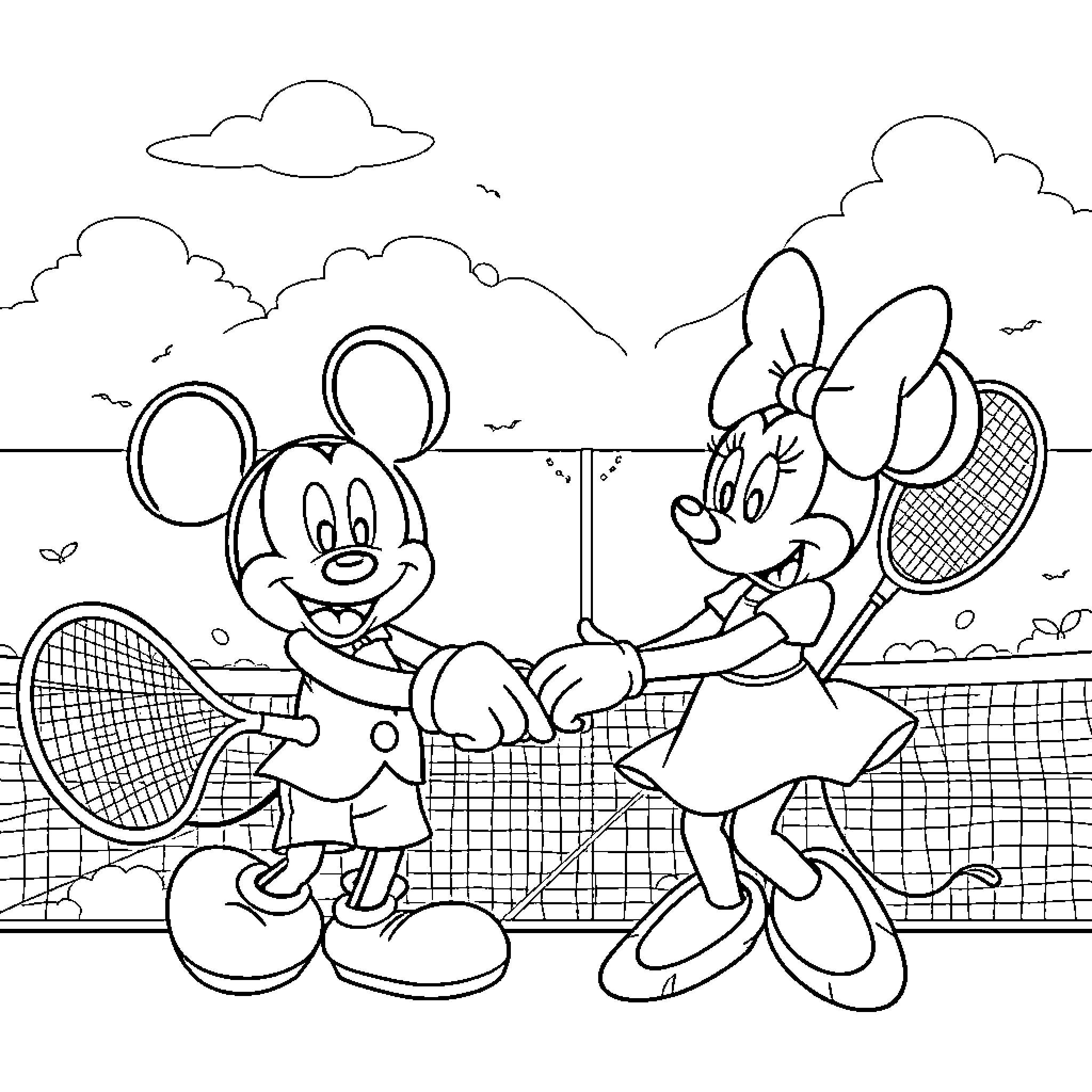 Mickey Mouse and Minnie Mouse playing tennis together Coloring Page (free black-and-white line drawing printable PDF for all, from beginners to advanced learners, including children, teens, adults, and seniors)