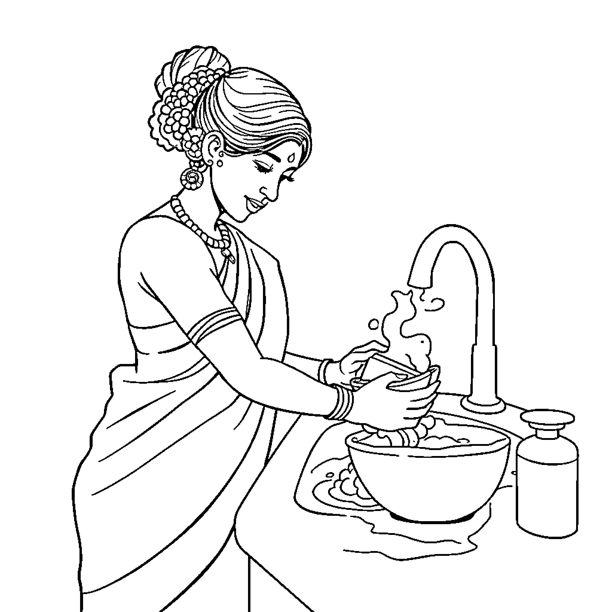 Durga performing ritualistic actions with devotion Coloring Page (free black-and-white line drawing printable PDF for all, from beginners to advanced learners, including children, teens, adults, and seniors)