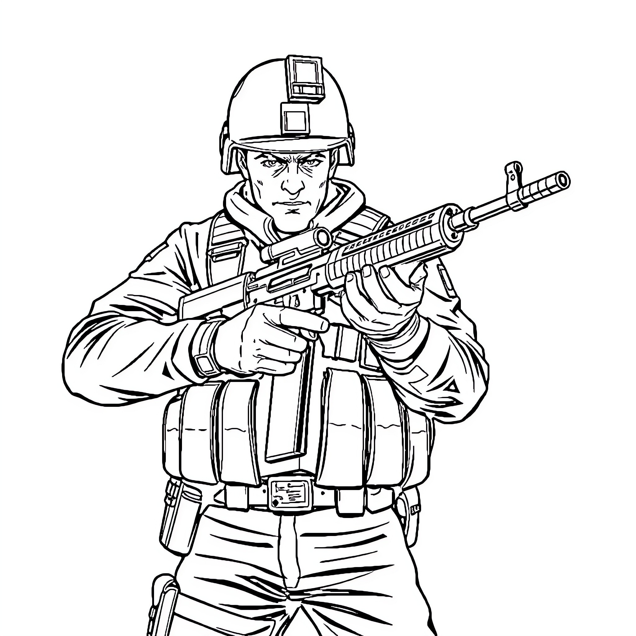 Soldier armed and ready for action Coloring Page (free black-and-white line drawing printable PDF for all, from beginners to advanced learners, including children, teens, adults, and seniors)