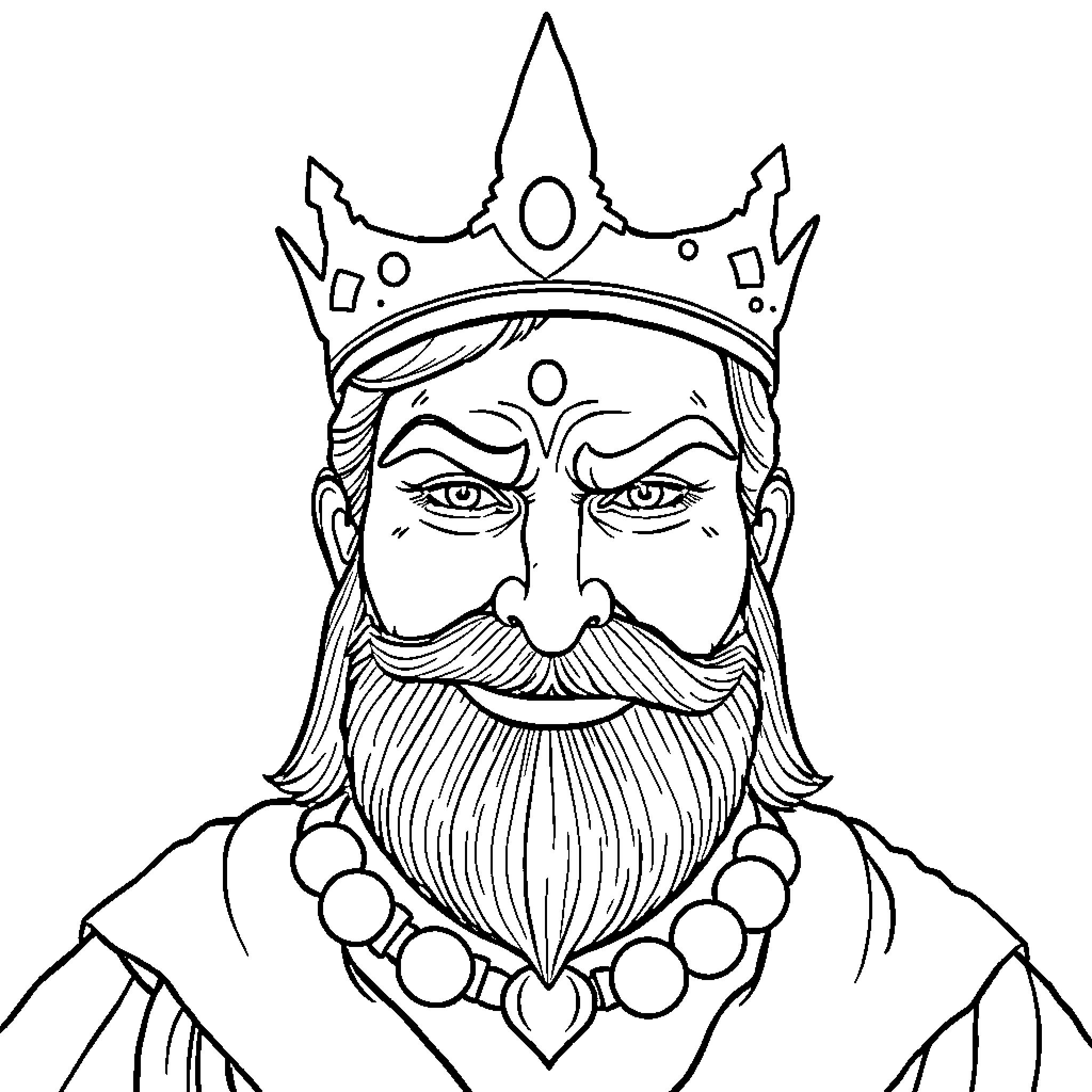 King with Regal Crown and Ornate Attire Coloring Page (free black-and-white line drawing printable PDF for all, from beginners to advanced learners, including children, teens, adults, and seniors)