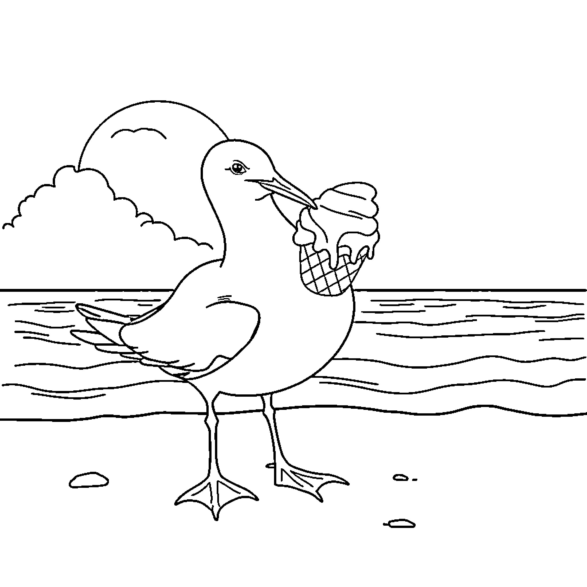 Seagull Enjoying an Ice Cream Treat on the Beach Coloring Page (free black-and-white line drawing printable PDF for all, from beginners to advanced learners, including children, teens, adults, and seniors)