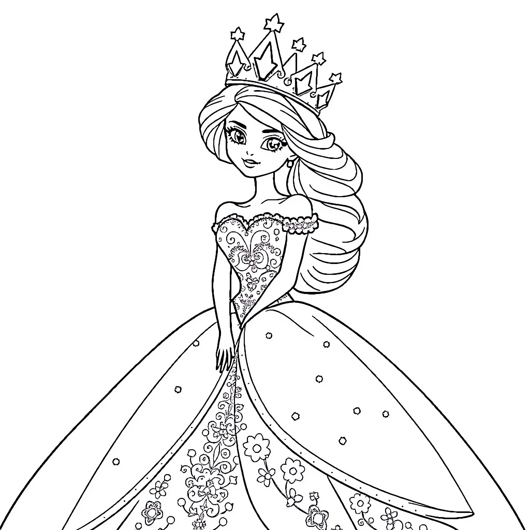 Princess in Elegant Gown and Crown Coloring Page (free black-and-white line drawing printable PDF for all, from beginners to advanced learners, including children, teens, adults, and seniors)