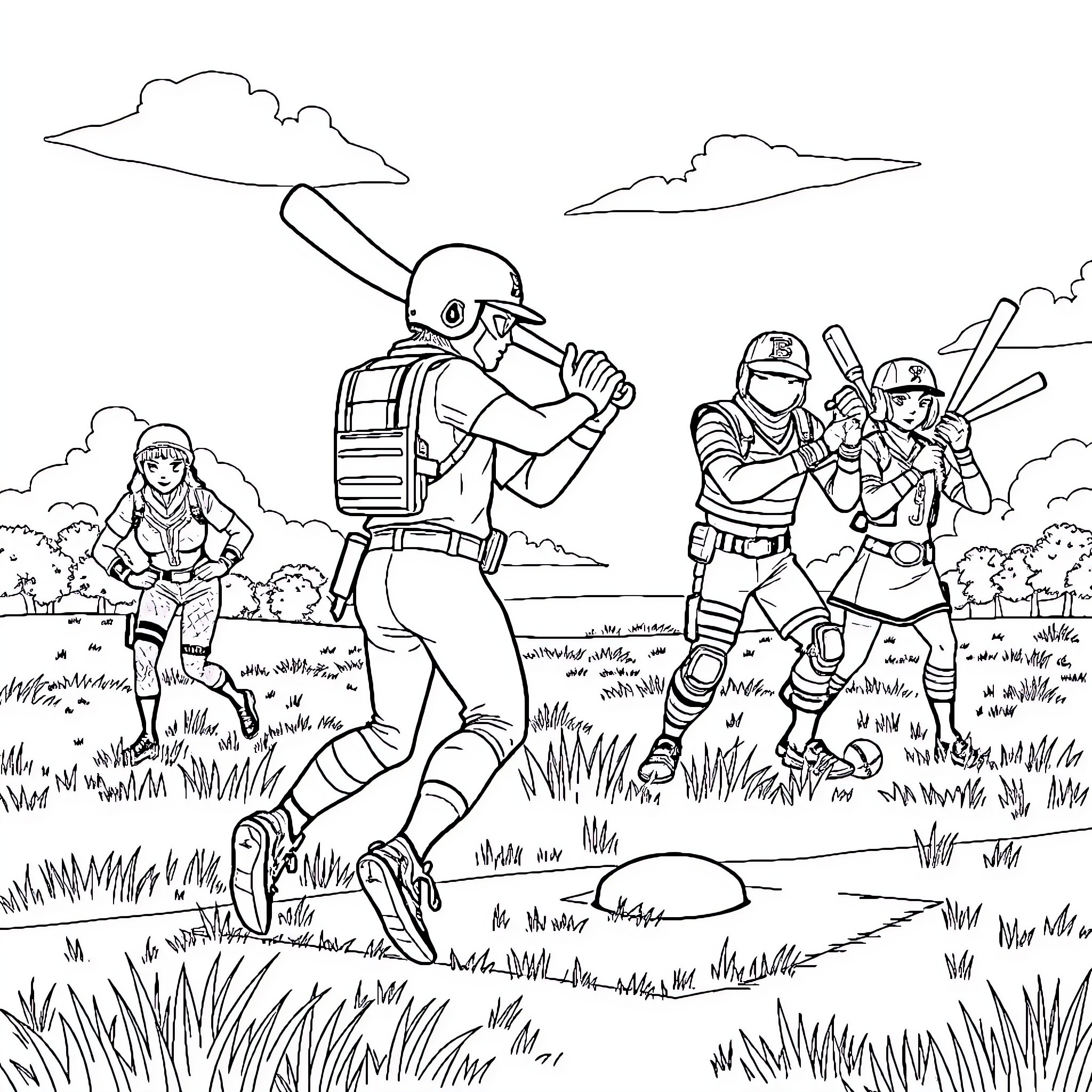 Fortnite Character Battle Scenes with Weapons and Backpacks Coloring Page (free black-and-white line drawing printable PDF for all, from beginners to advanced learners, including children, teens, adults, and seniors)