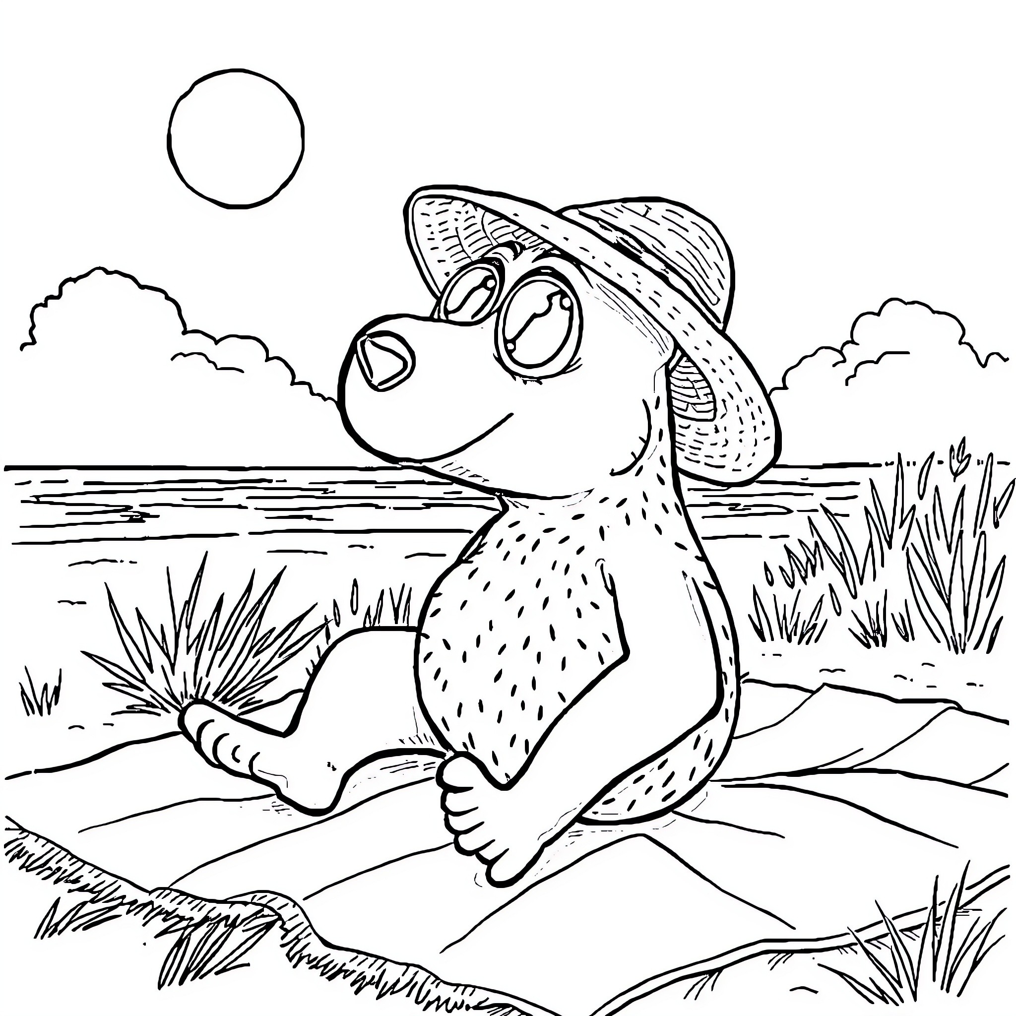 Pilat the Cheerful Frog's Outdoor Adventure Coloring Page (free black-and-white line drawing printable PDF for all, from beginners to advanced learners, including children, teens, adults, and seniors)