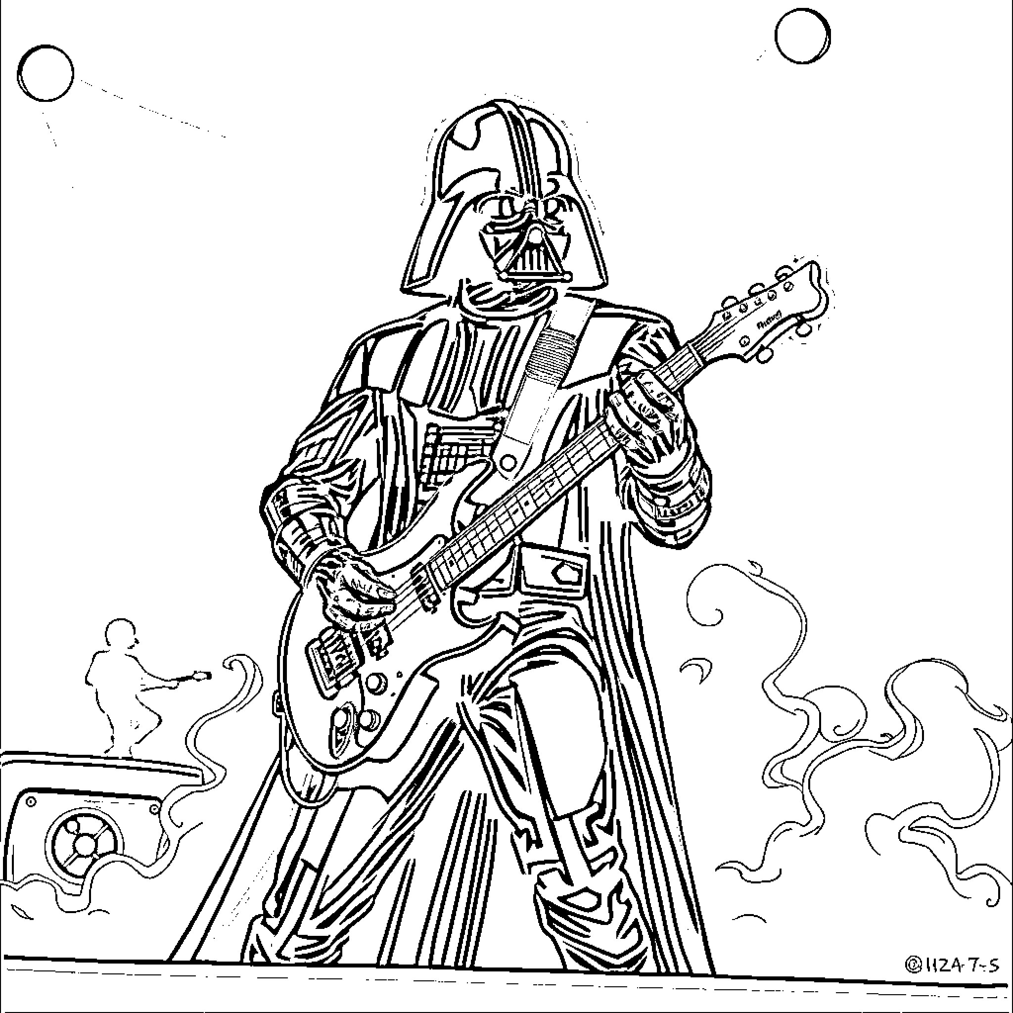 Darth Vader playing electric guitar in the galaxy Coloring Page (free black-and-white line drawing printable PDF for all, from beginners to advanced learners, including children, teens, adults, and seniors)